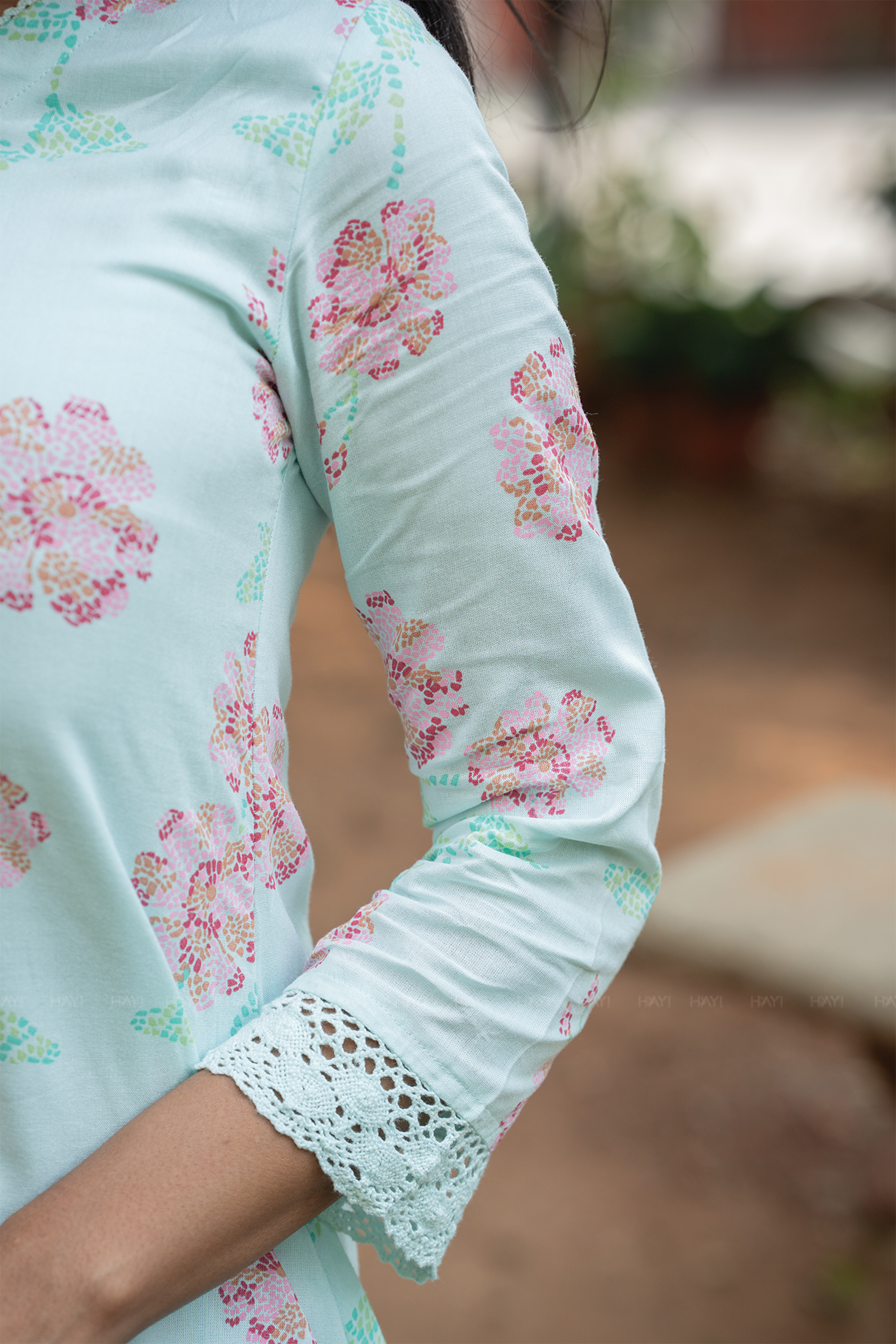 Pastelmist Lora Blue Viscose A-Line Kurta with V-Neck &amp; 3/4th Sleeves