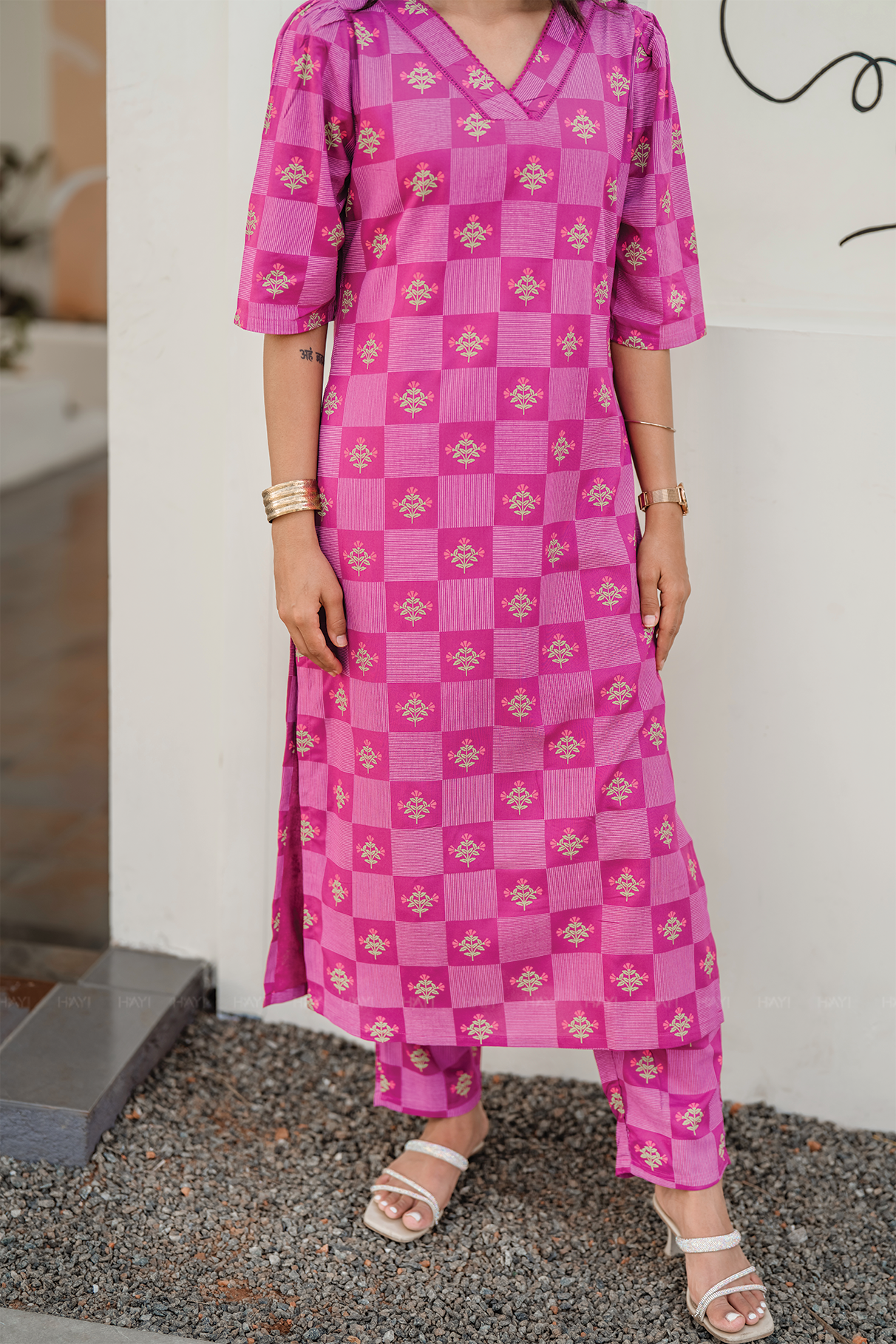 Pink Lattice Glam Viscose Co-ord with V-Neck &amp; Lace