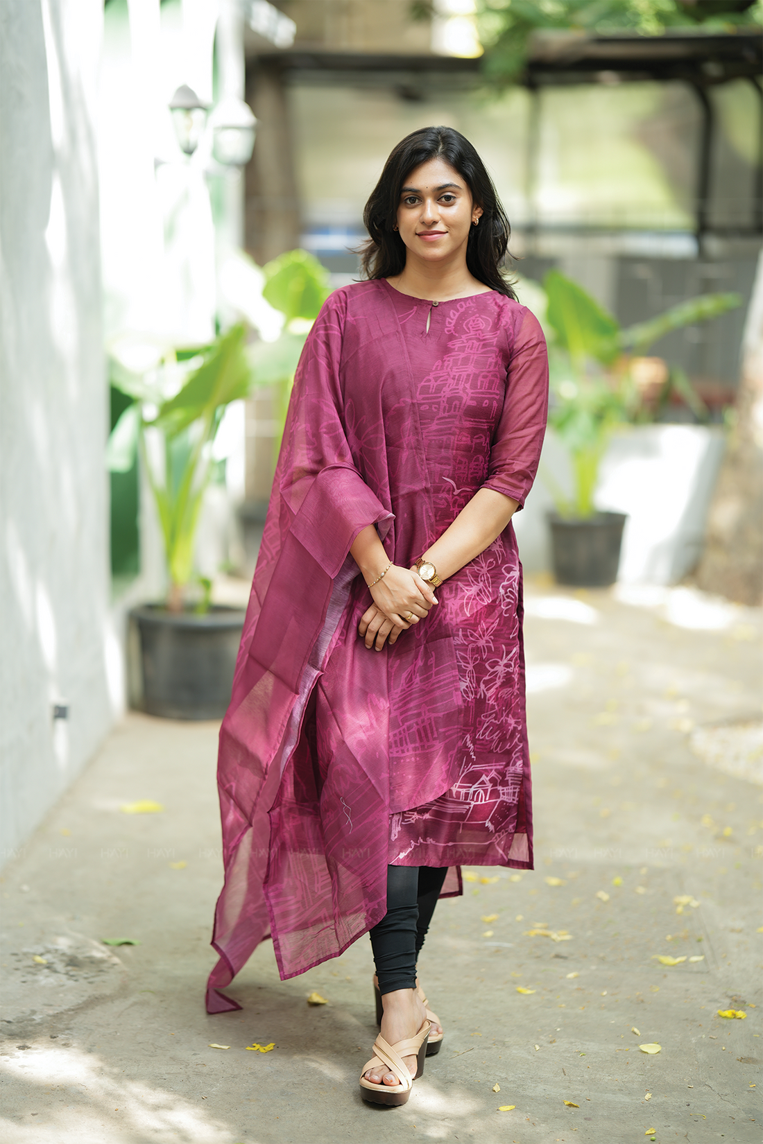 Gleam Wine with Live in Divine printed Chanderi Blend Kurta