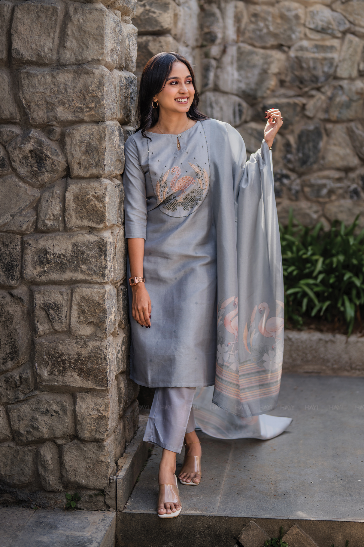 Swanstone Grey Embroidered Tussar Silk Kurta Set
