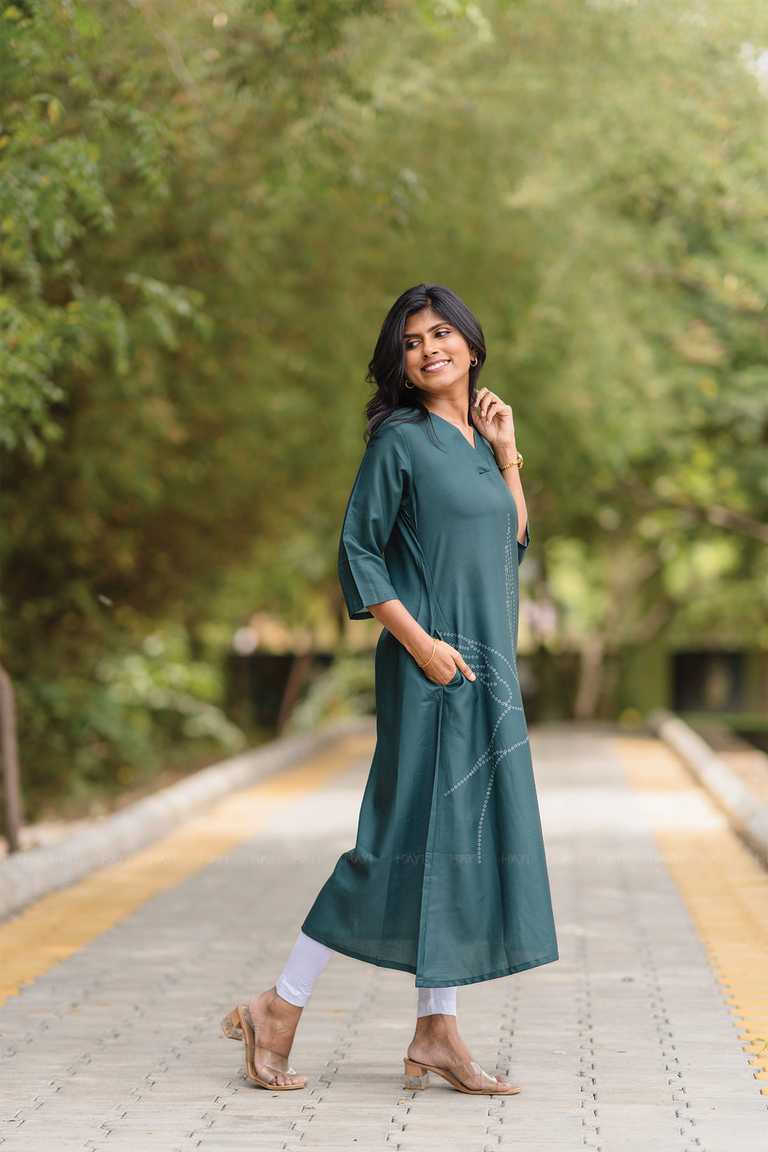 Tender Green with Wings Of Dusk Linen Blend A-line Dress