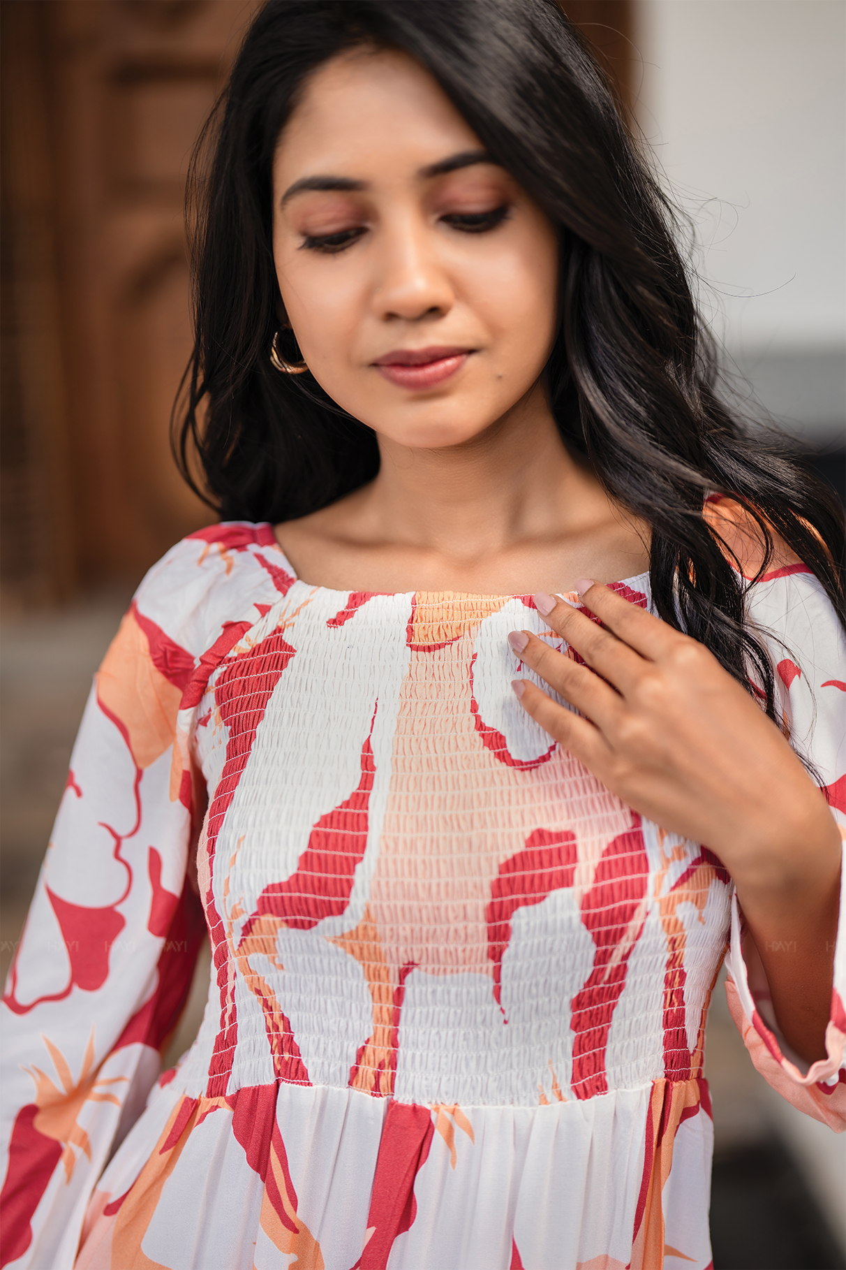 Sweet Sunset Beige Viscose Dress with Square Neckline &amp; 3/4 Sleeves with Gathered Cuffs