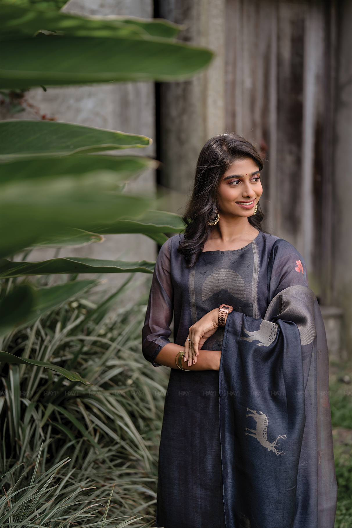 Graphite Elegance Printed Tussar Silk Kurta Set with Dupatta