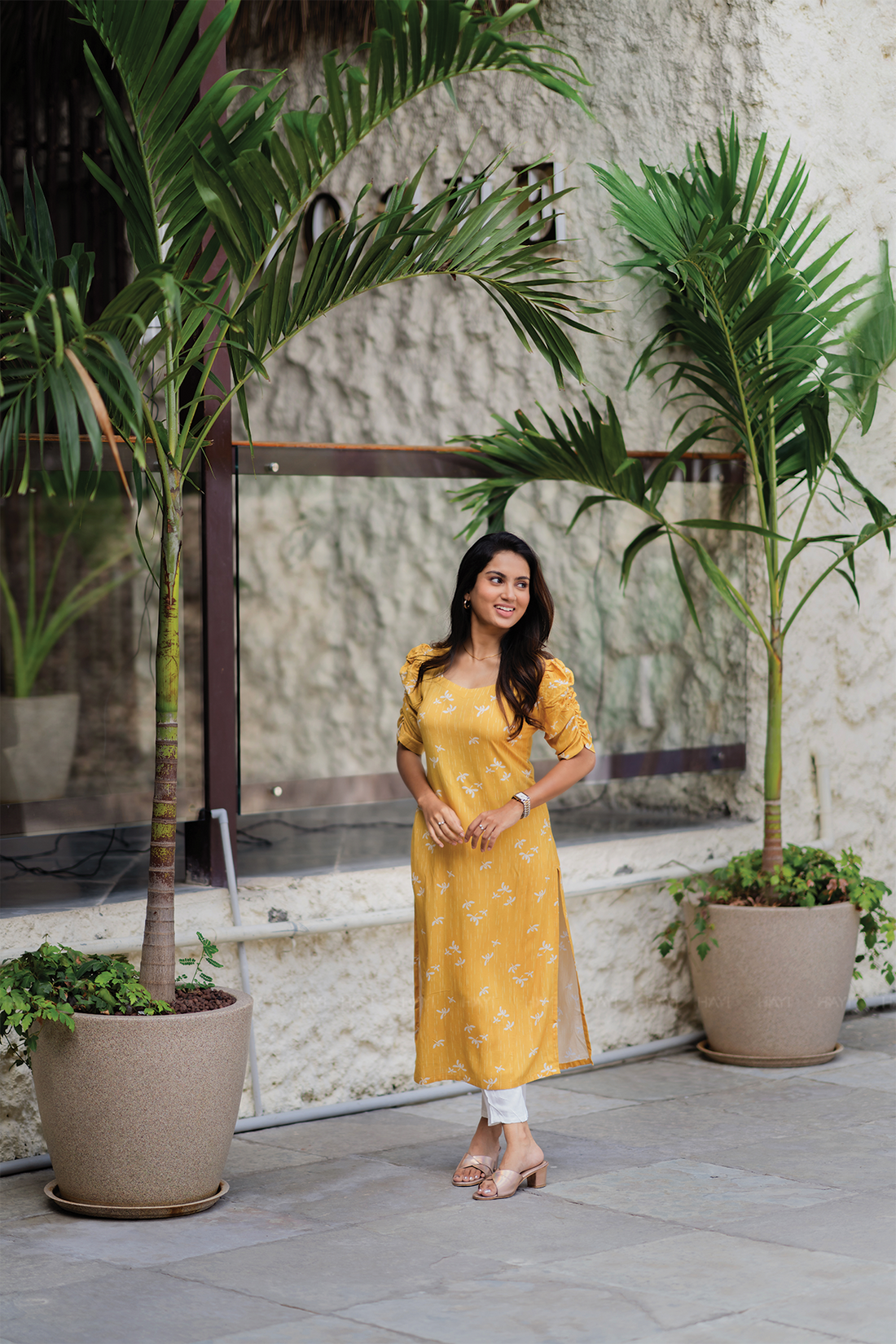Lemon Pop Yellow Viscose Kurti with Sweetheart Neck &amp; Ruched Sleeves
