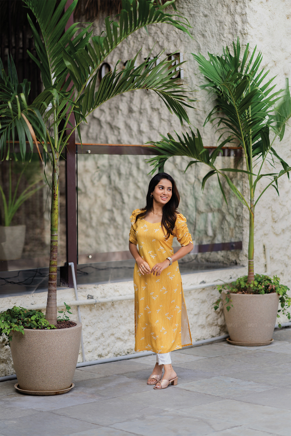 Lemon Pop Yellow Viscose Kurti with Sweetheart Neck &amp; Ruched Sleeves