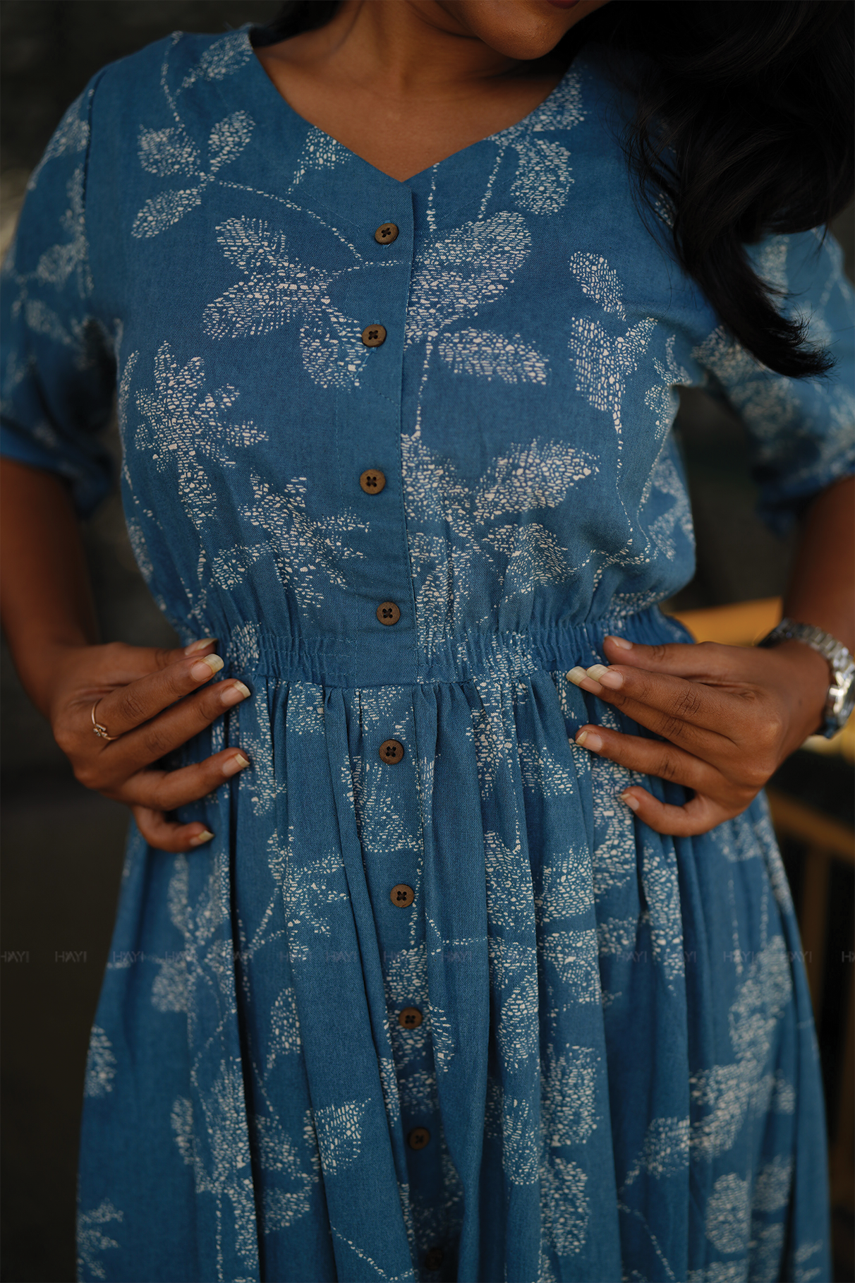 Morning Dew Blue Cotton Dress with V-Neck &amp; Elbow Sleeves