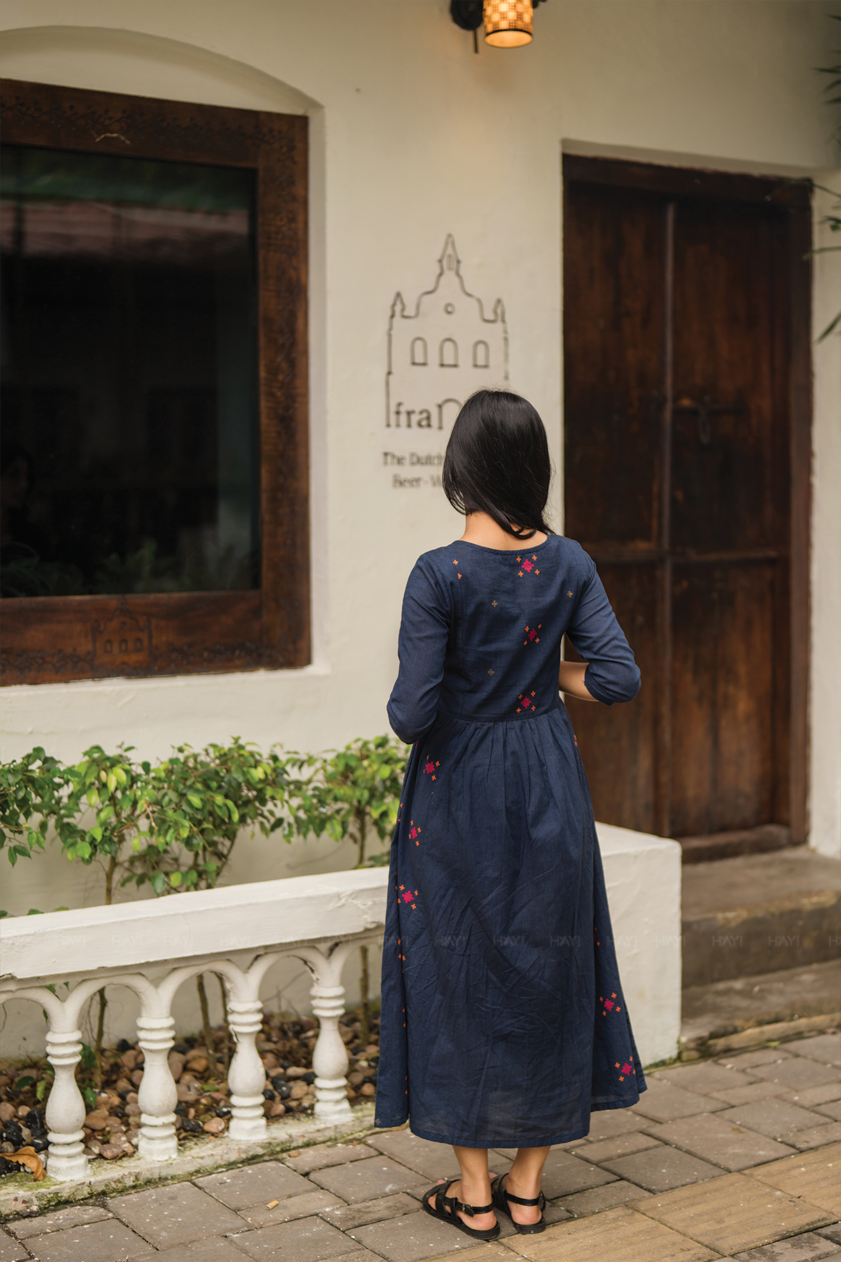 Smoke wood Gray Handloom Dress with V-Neck &amp; Elbow Sleeves