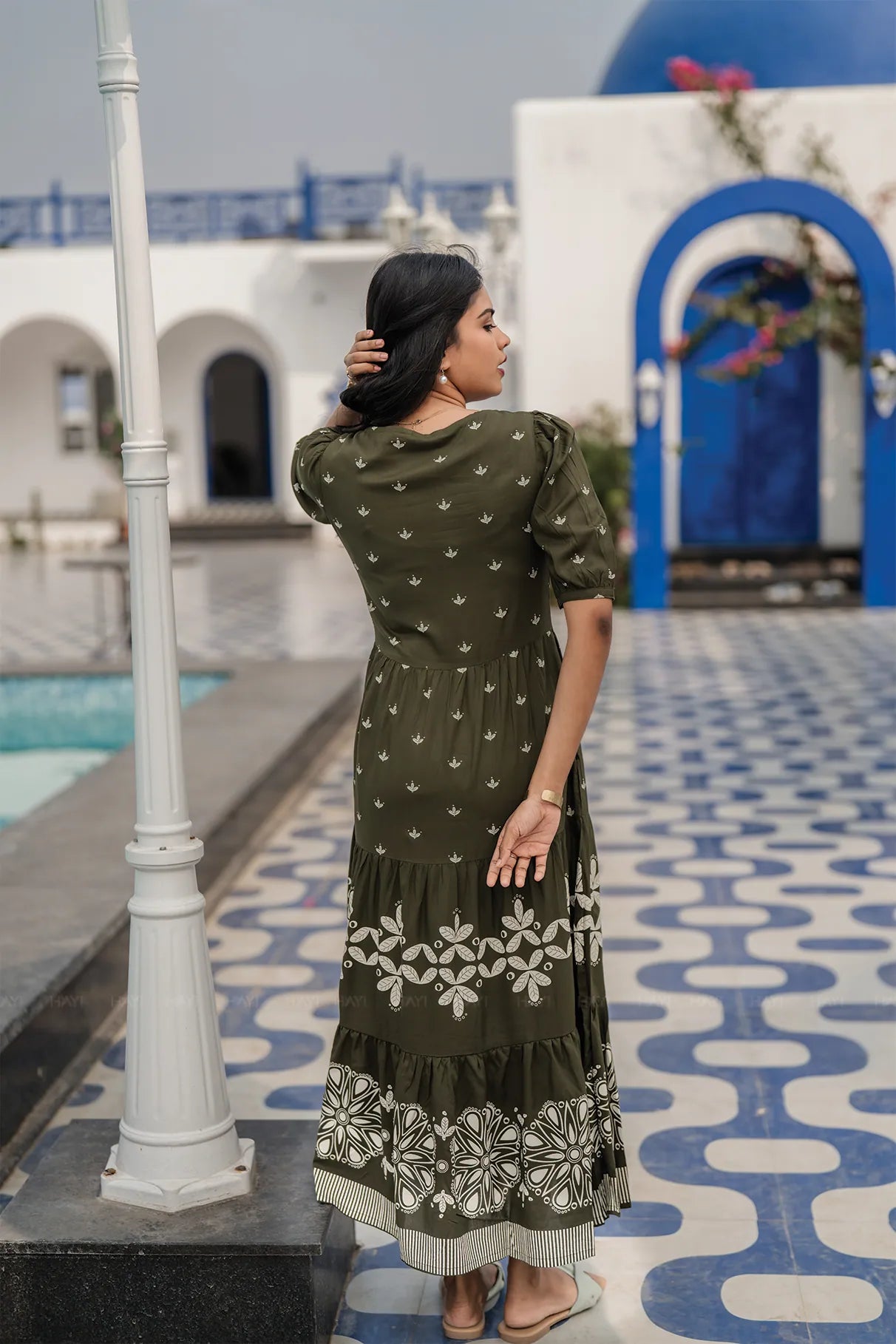 Vriksha Bloom Green Viscose Dress with Boat Neck &amp; Puff Sleeves