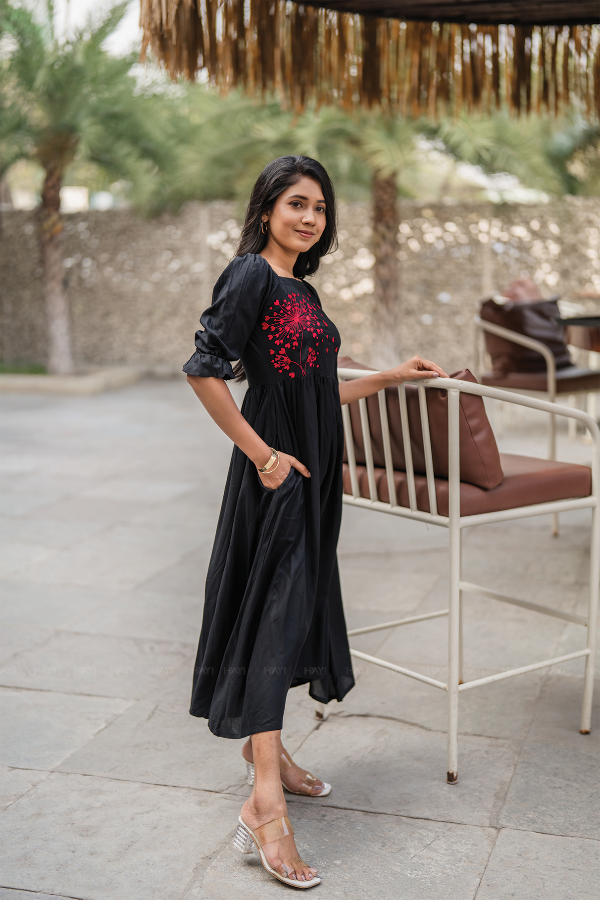 Wounded Rose Black Viscose Embroidered Dress with Square Neck &amp; Elasticated Frill Sleeve Cuffs