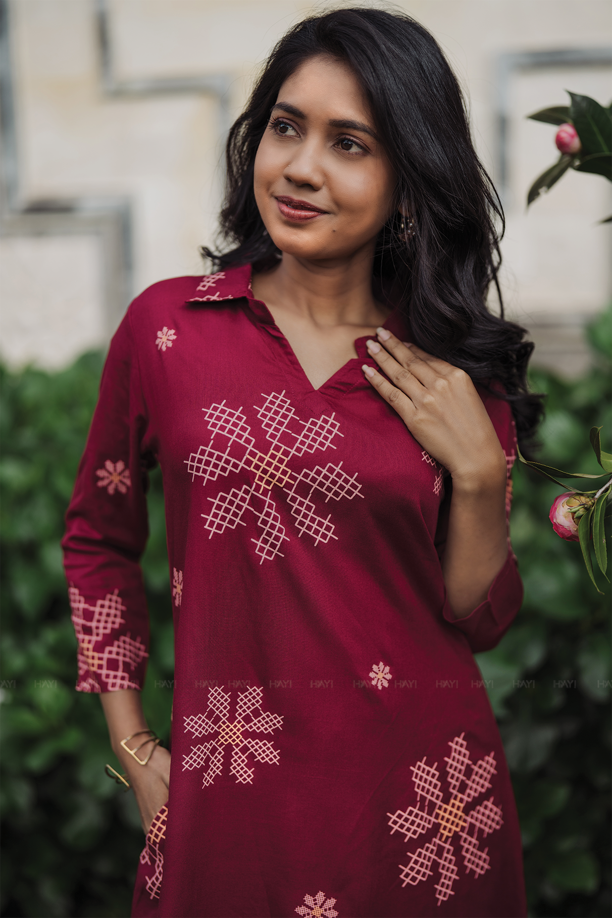 Maroon Mosaic Viscose Co-ord with Shirt Collar &amp; 3/4th Sleeves