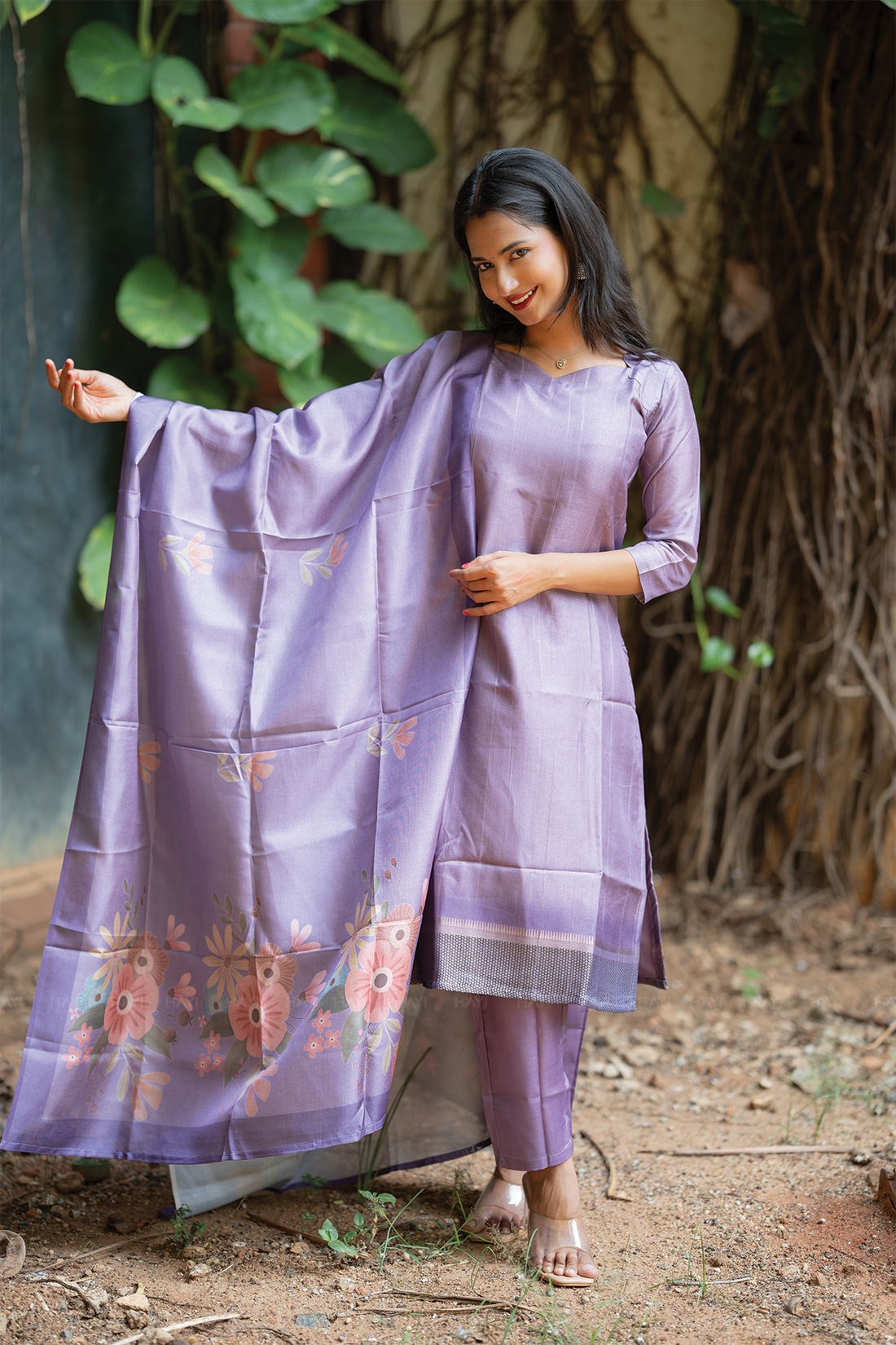 Lavender Hexa Violet 3 Piece Tussar Silk Kurta Set with Dupatta