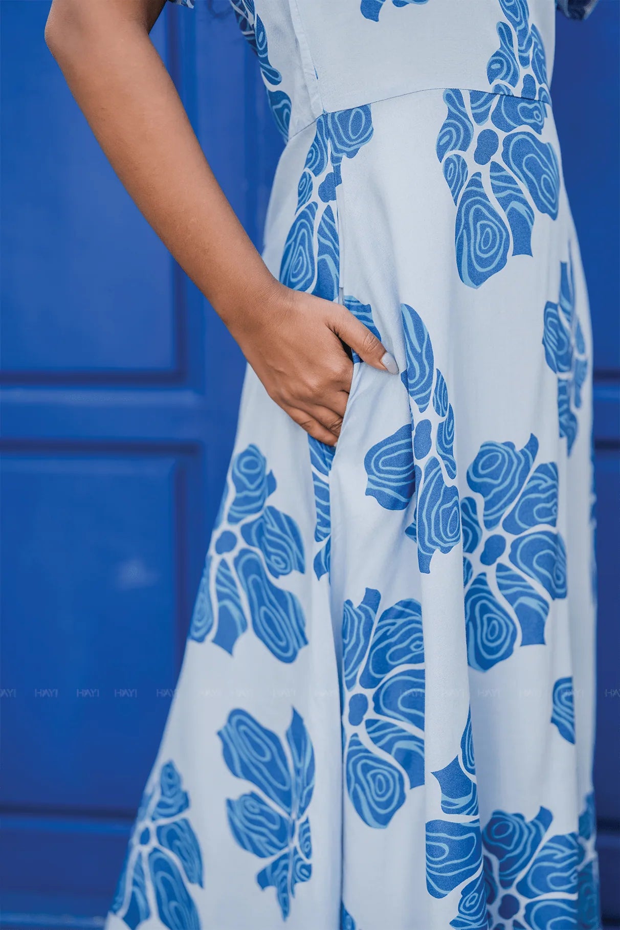 Cloud Tale Blue Viscose Dress with Sweetheart Neck &amp; Elasticated Frill Sleeves