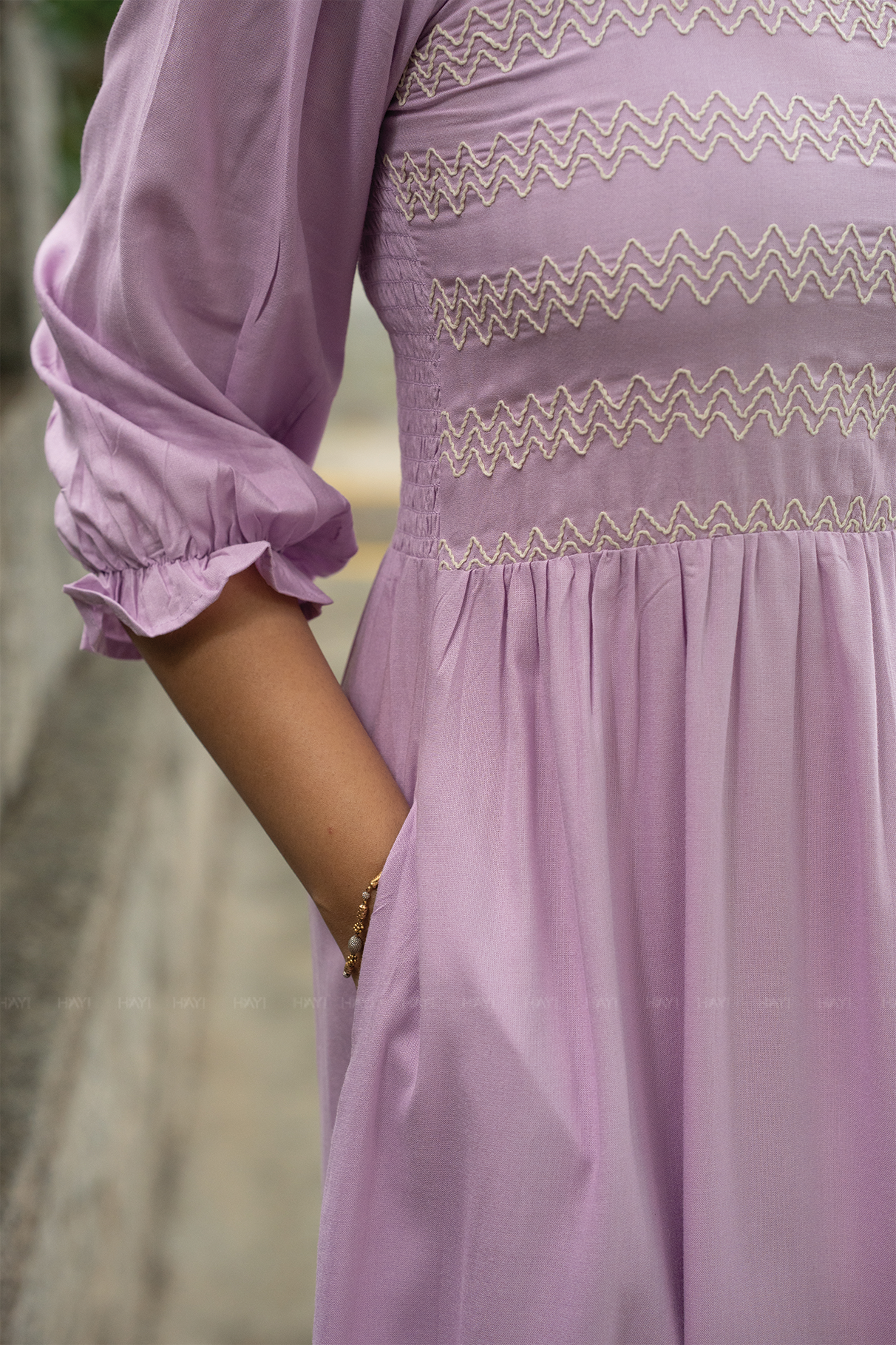 Lavender Fantasy Viscose Dress with Shoulder Elastic &amp; Embroidery