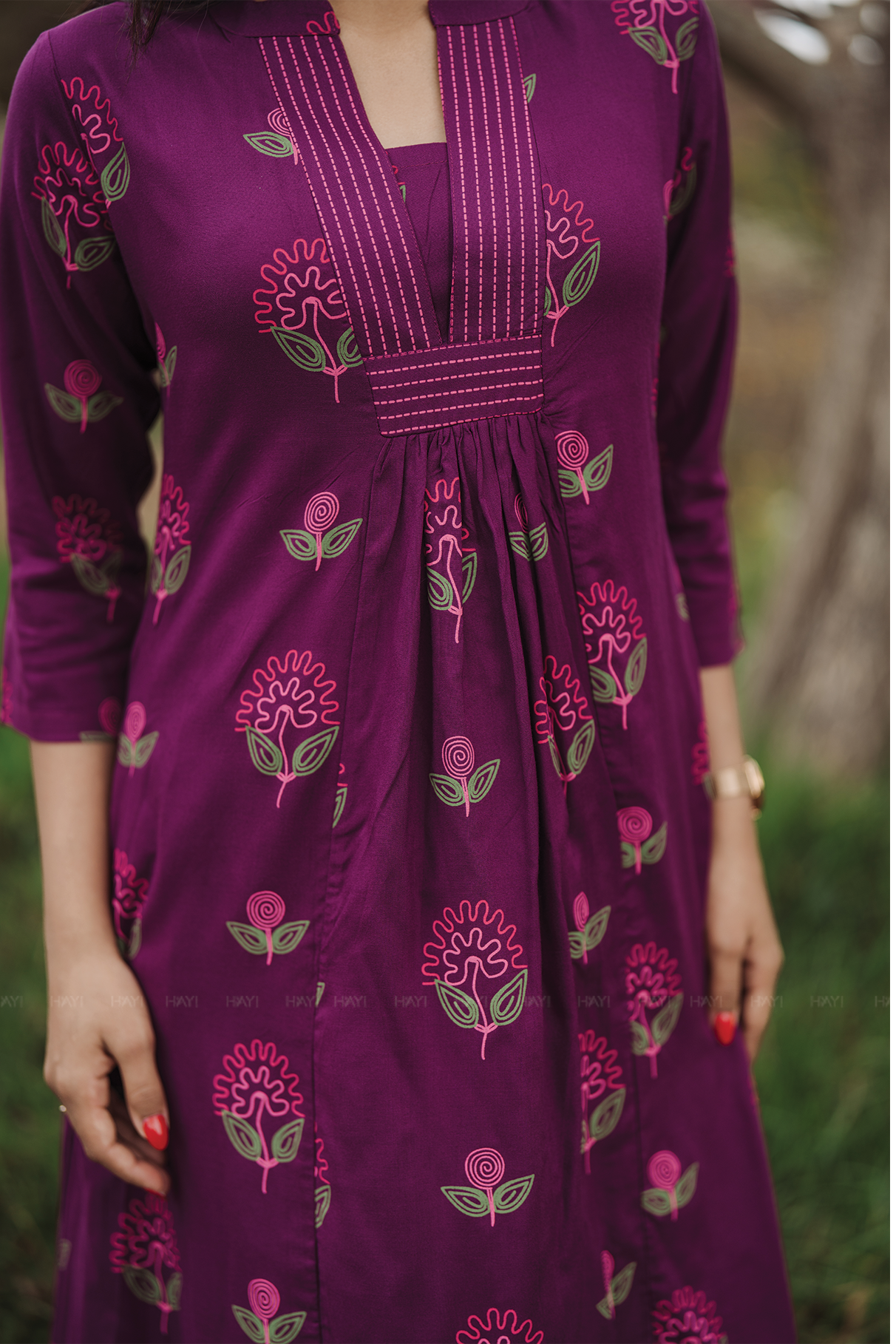 Twilight Flower Violet Viscose Co-ord with Chinese Collar &amp; 3/4th Sleeves