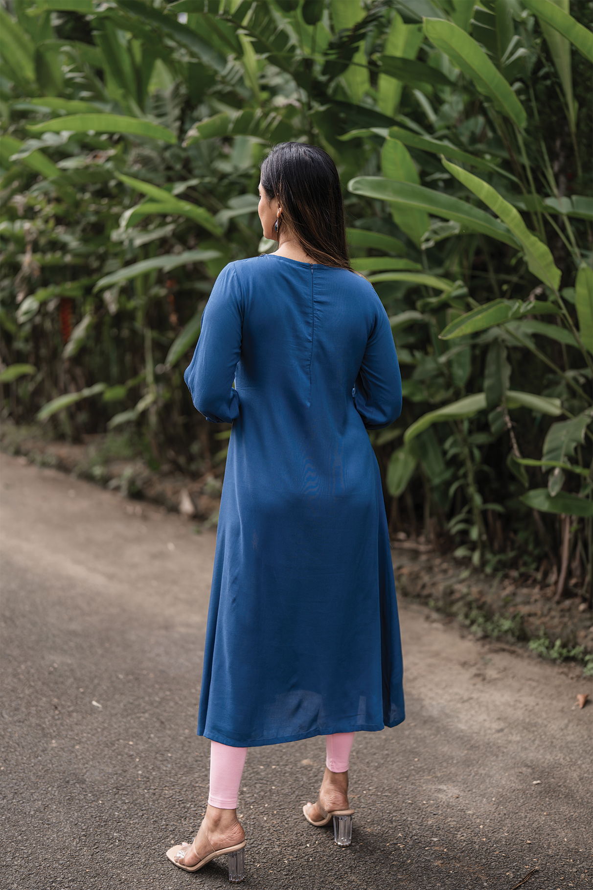 Midtown Minimal Blue Viscose Dress with Close Neck and Embroidery