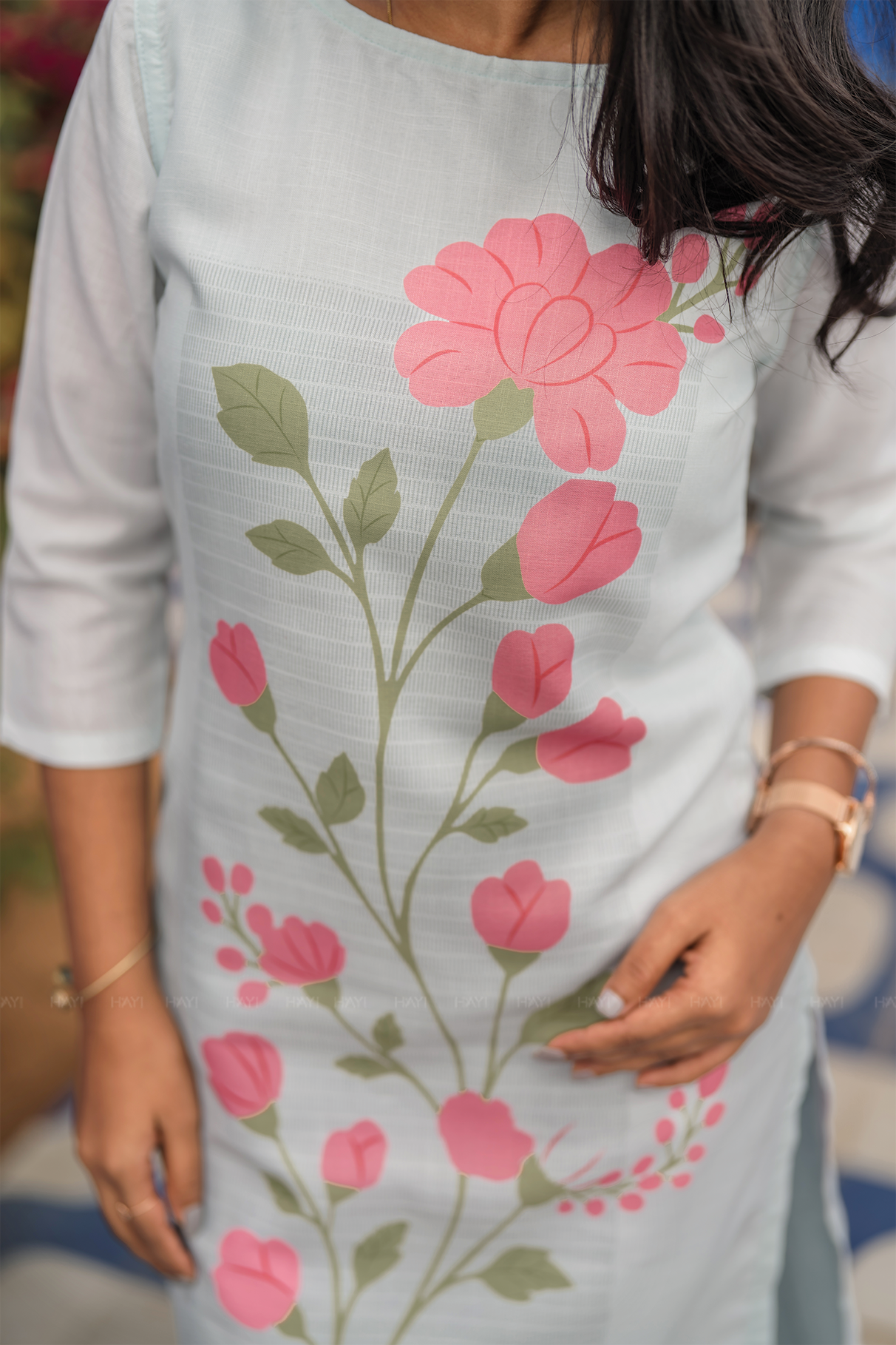 Floral Trail Blue Viscose Kurta with Boat Neck &amp; 3/4 Sleeves