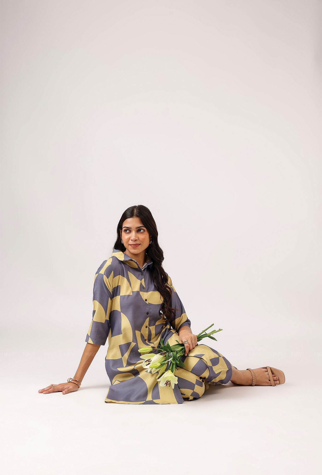 Rhythmic Gray with Vivid Harmony printed Linen Blend Co ords