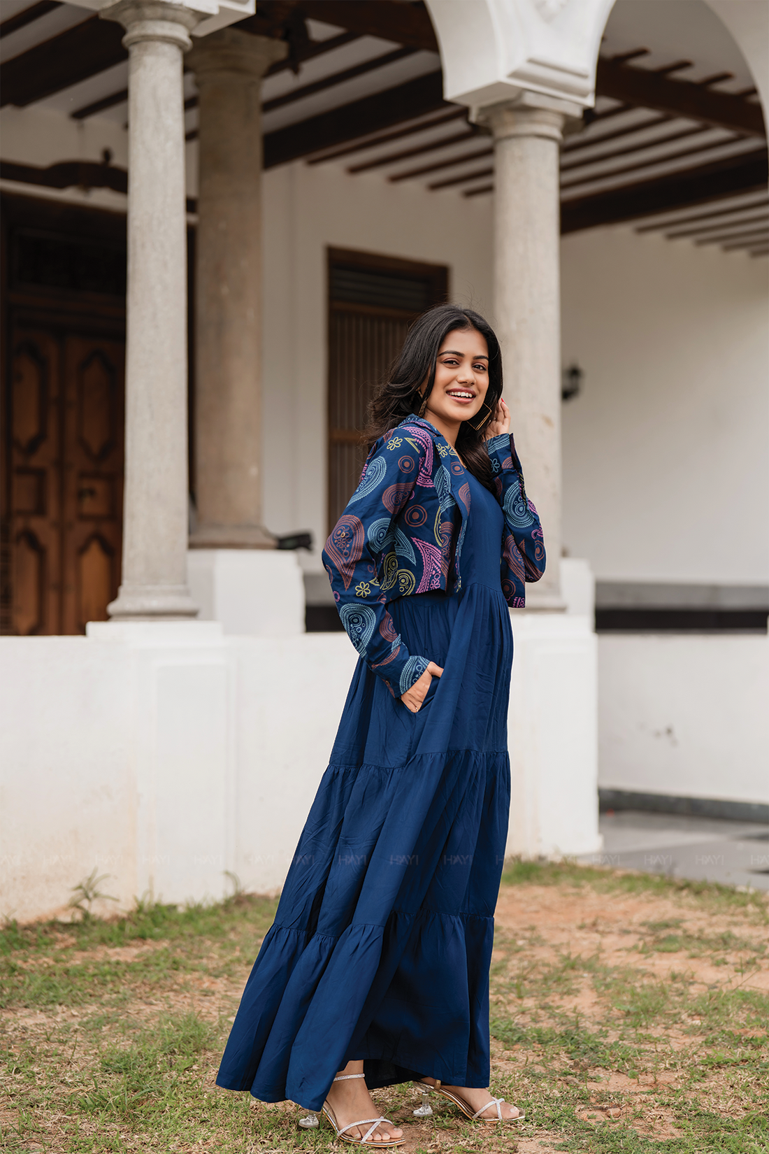 Neelcharm Blue Viscose Dress with Notch Collar Neck &amp; Overcoat