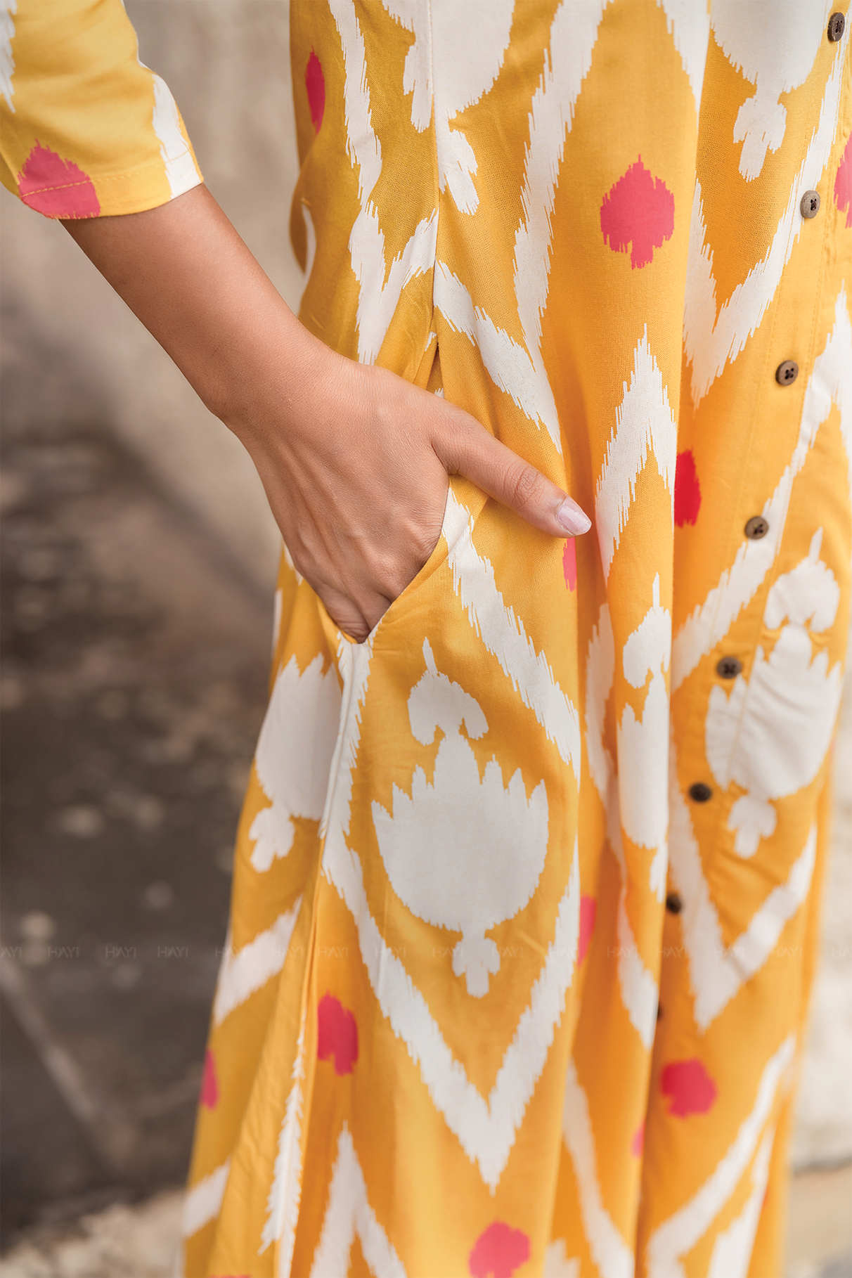 Ikat Flow Yellow Viscose A-Line Kurta with Chinese Collar &amp; 3/4th Sleeves