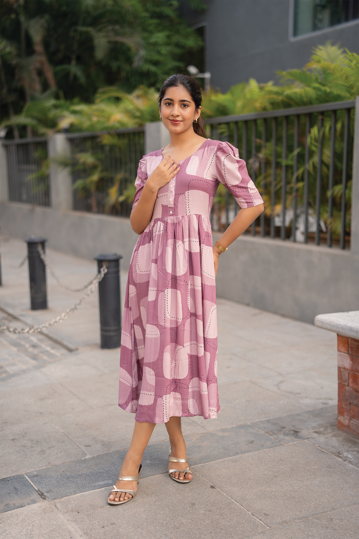 Dusty Calm Mauve Printed Maternity and Feeding Viscose Dress