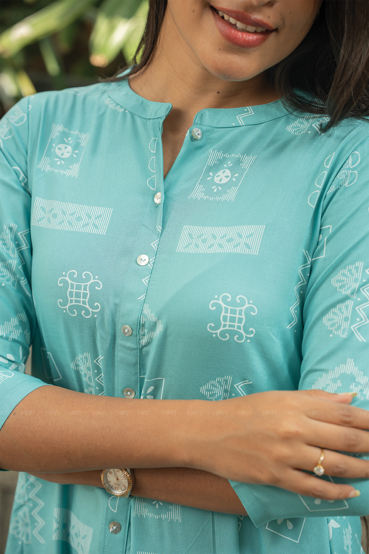 Mist Loom Blue Viscose A-Line Kurta with Chinese Collar &amp; 3/4th Sleeves