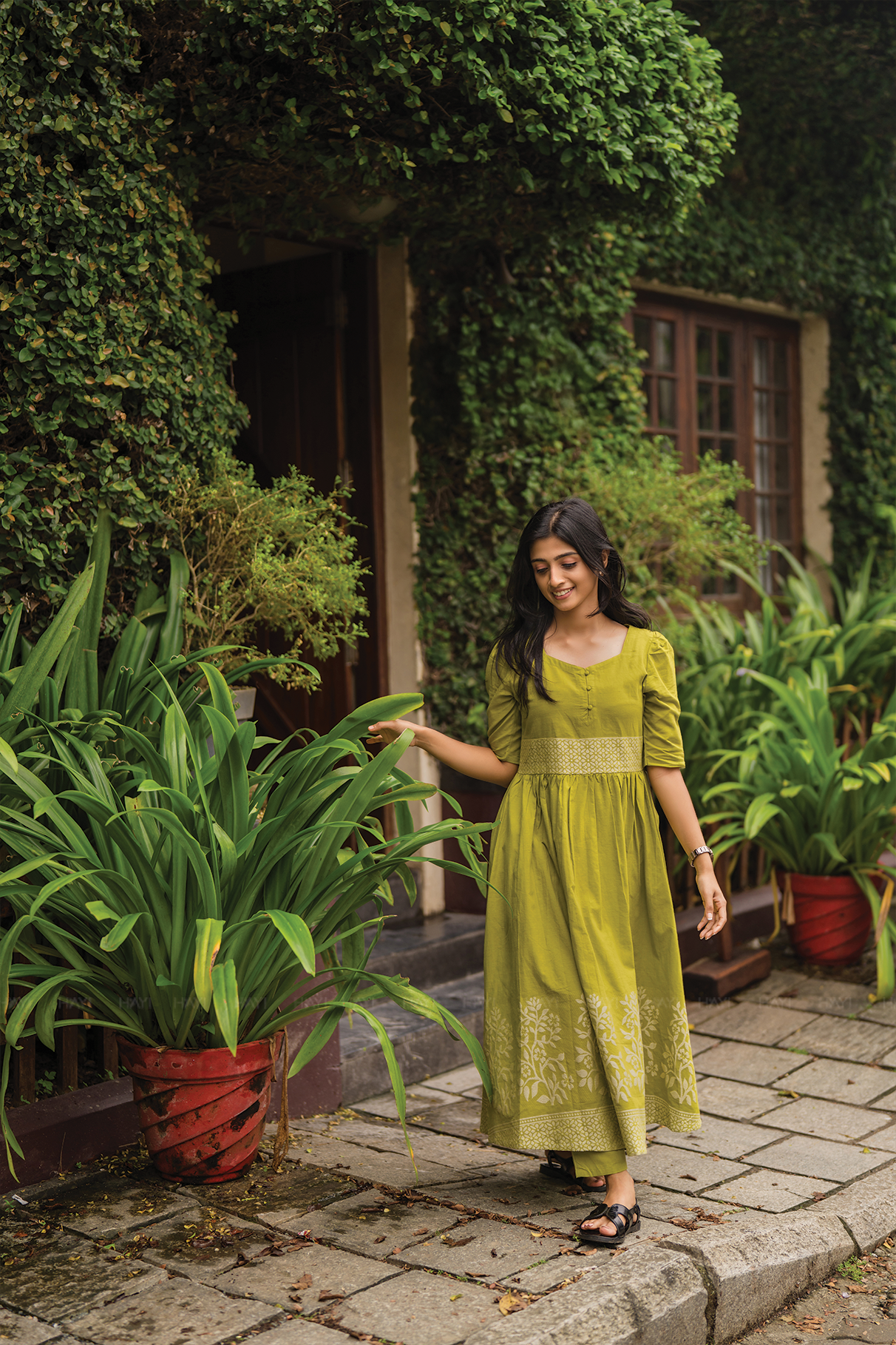 Sage Drape Green Handloom Dress with Sweetheart Neck &amp; Leg-O-Mutton Sleeves