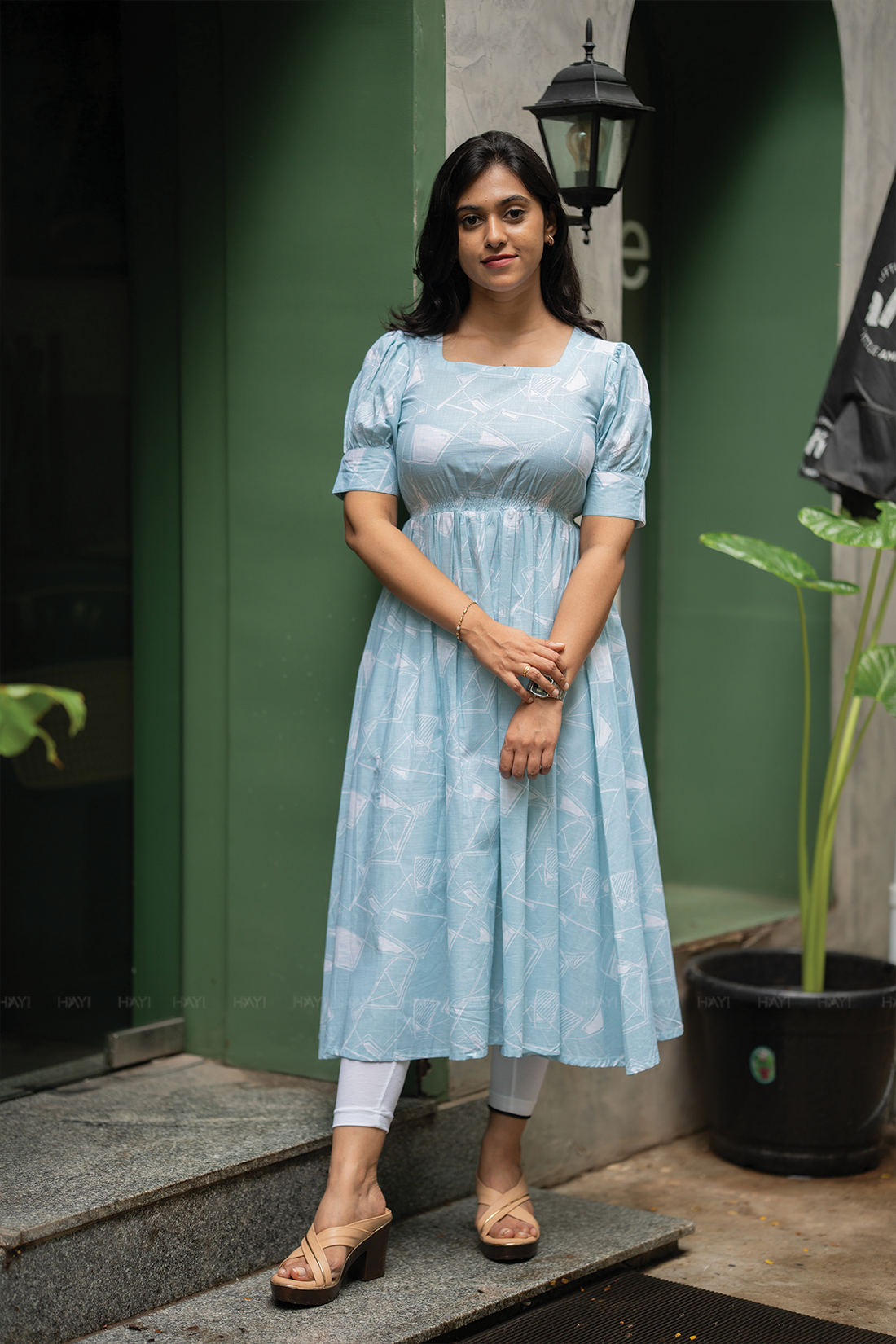 Petal Puff Blue Cotton Dress with Rounded Square Neck &amp; Puff Elbow Sleeves