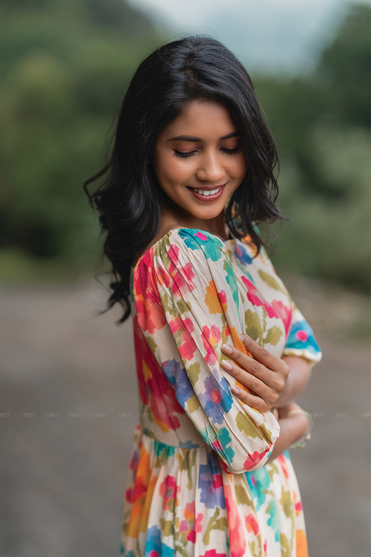 Sunblossom Breeze Beige Viscose Floral Dress with Square Neck &amp; Puff Sleeves