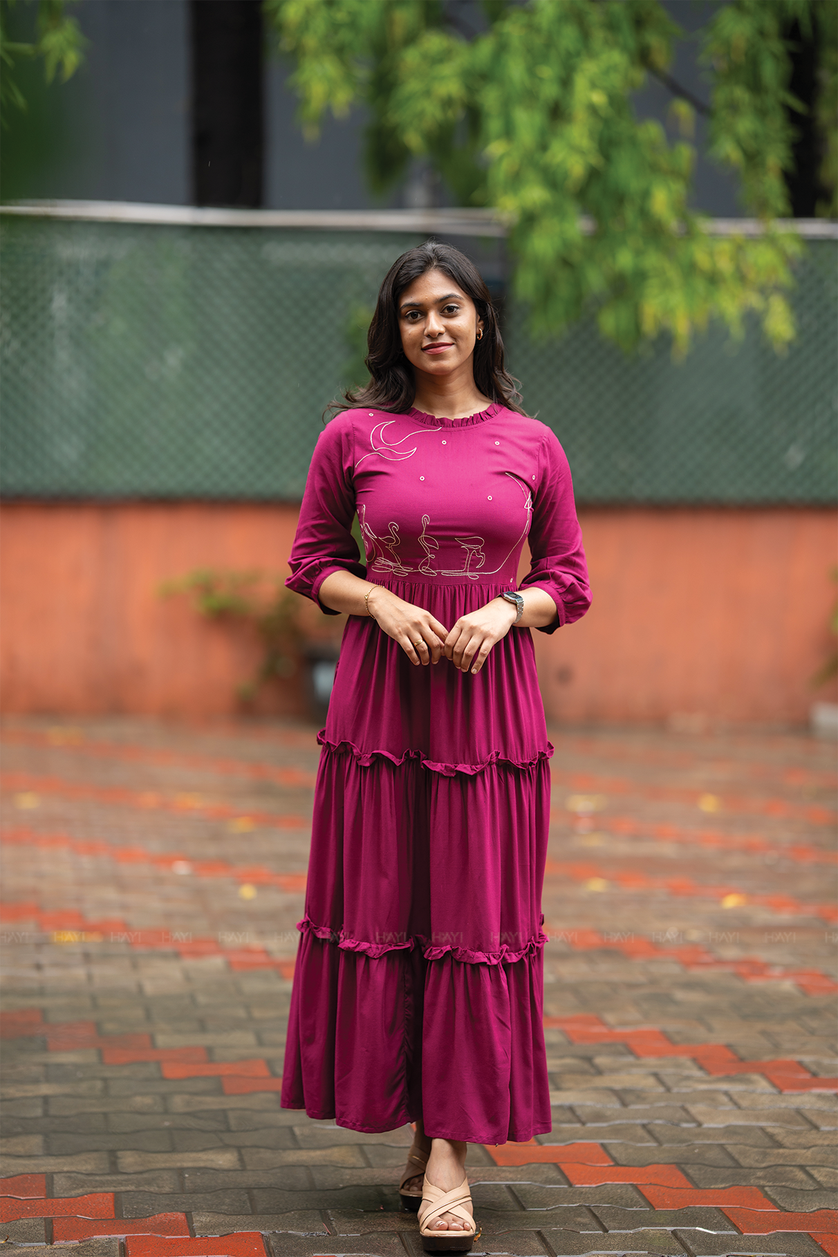 Moonlit Swans Violet Viscose Dress with Frill Neck &amp; Embroidered Yoke