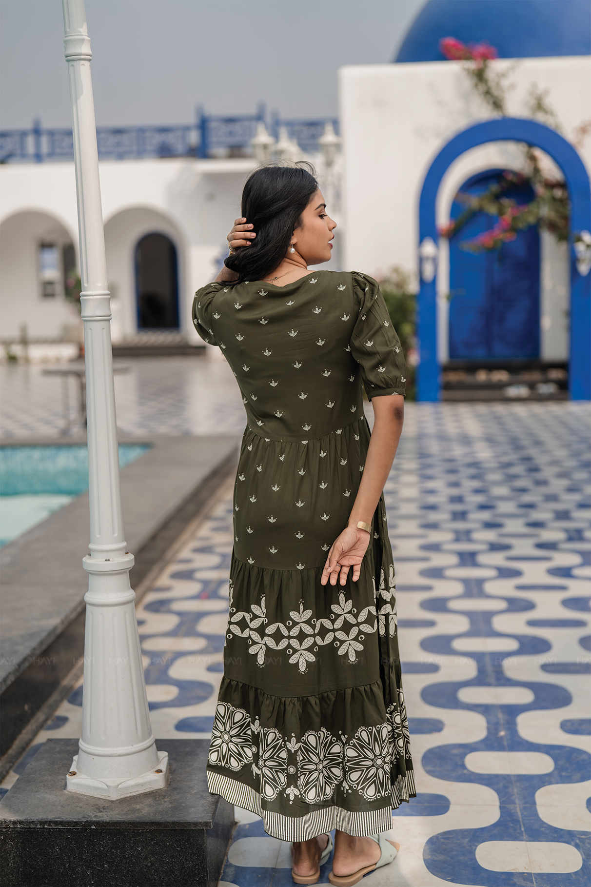 Vriksha Bloom Green Viscose Dress with Boat Neck &amp; Puff Sleeves