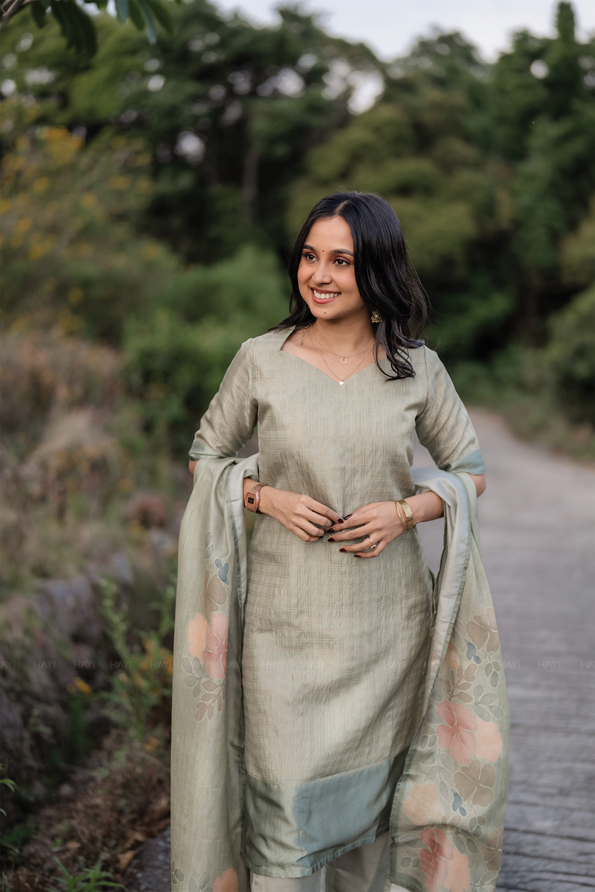 Olive Green 3 Piece Tussar Silk Printed Kurta Set with Dupatta