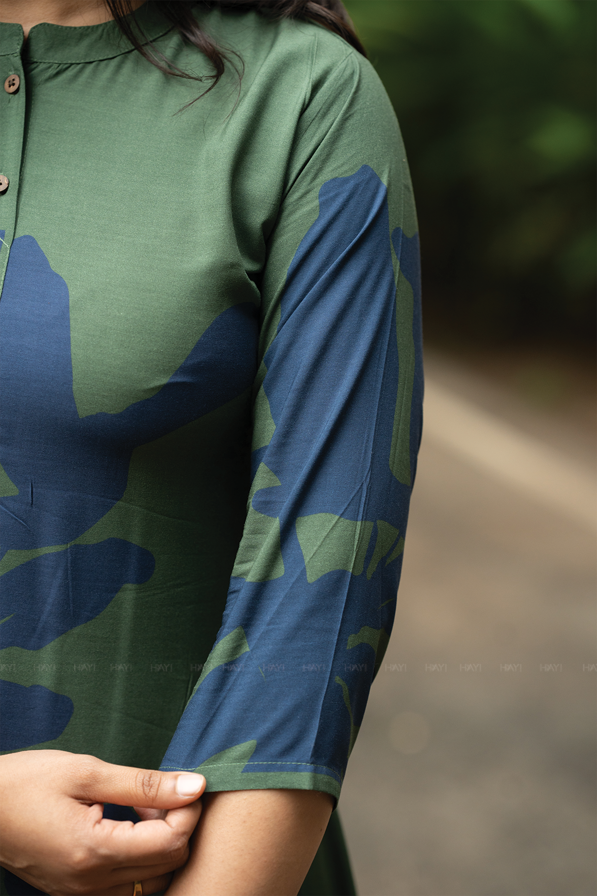 Forest Wave Green Viscose A-Line Kurta with Chinese Collar &amp; 3/4th Sleeves