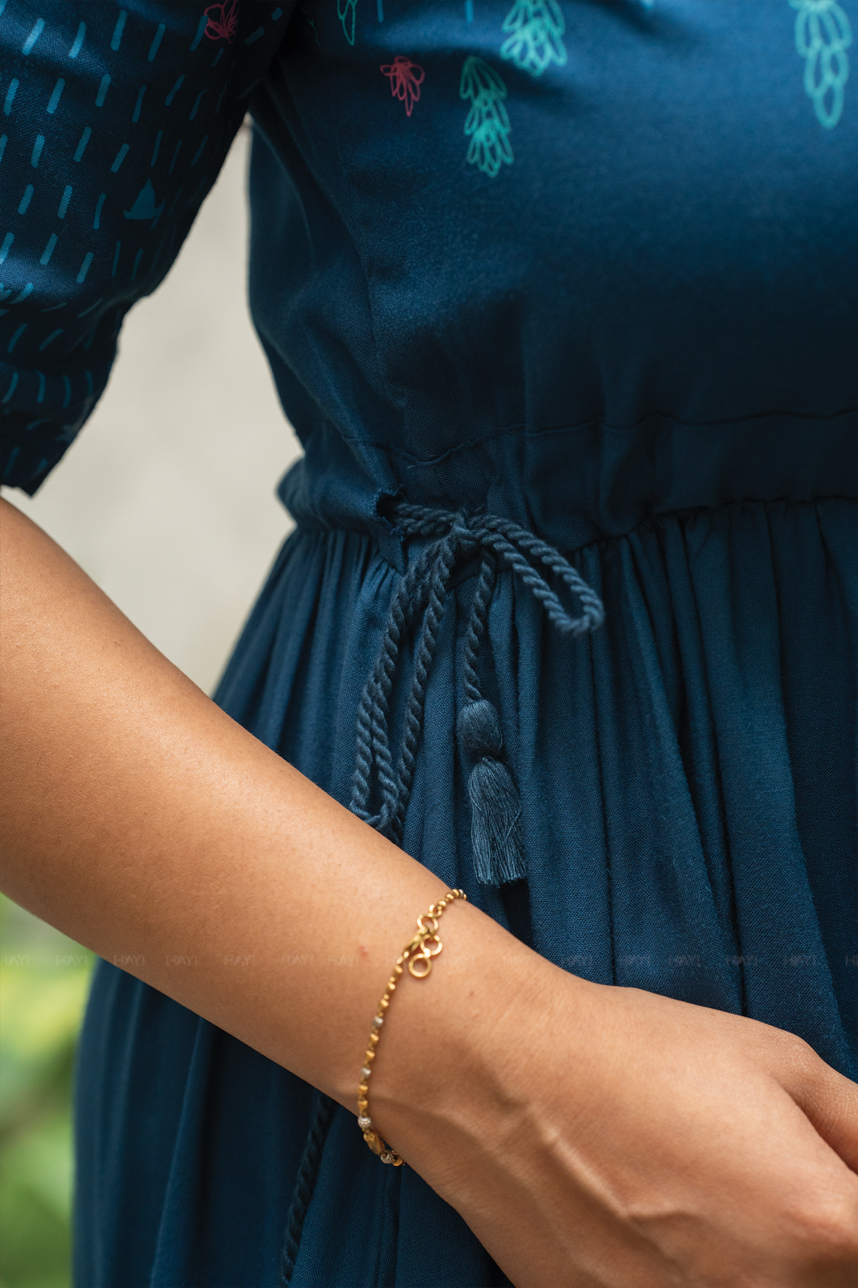 Blue Dessert Blue Viscose Dress with Round Neck &amp; Placement Detail