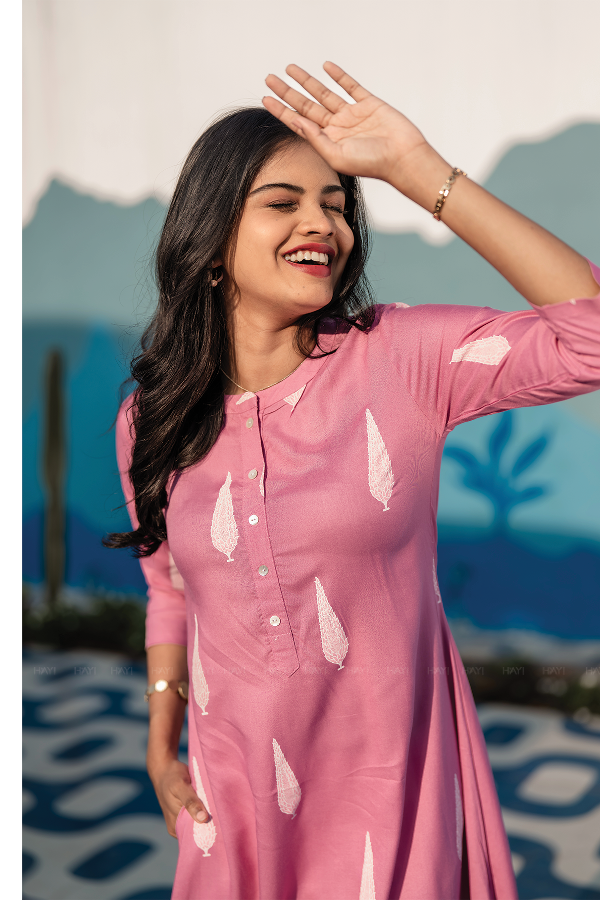Blush Fern Onion Pink Viscose A-Line Kurta with Chinese Collar &amp; 3/4th Sleeves