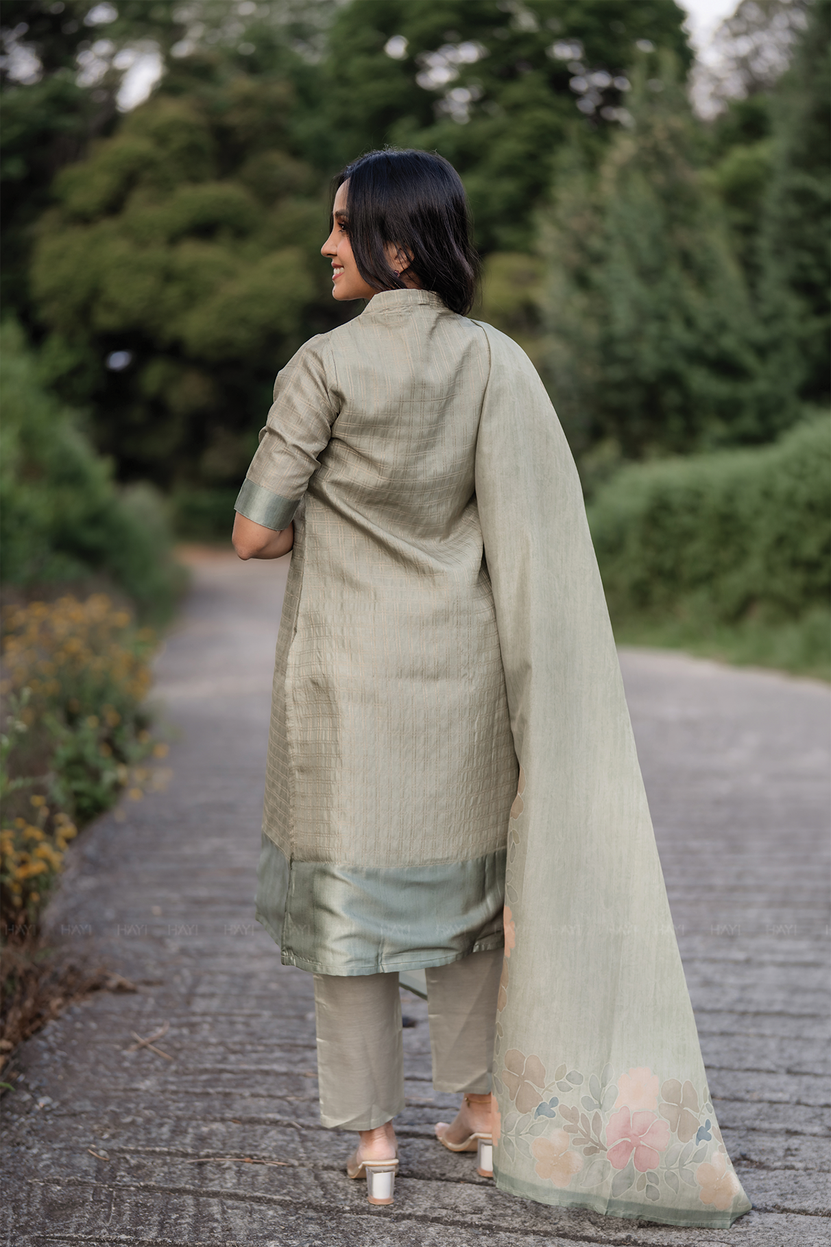 Olive Green 3 Piece Tussar Silk Printed Kurta Set with Dupatta