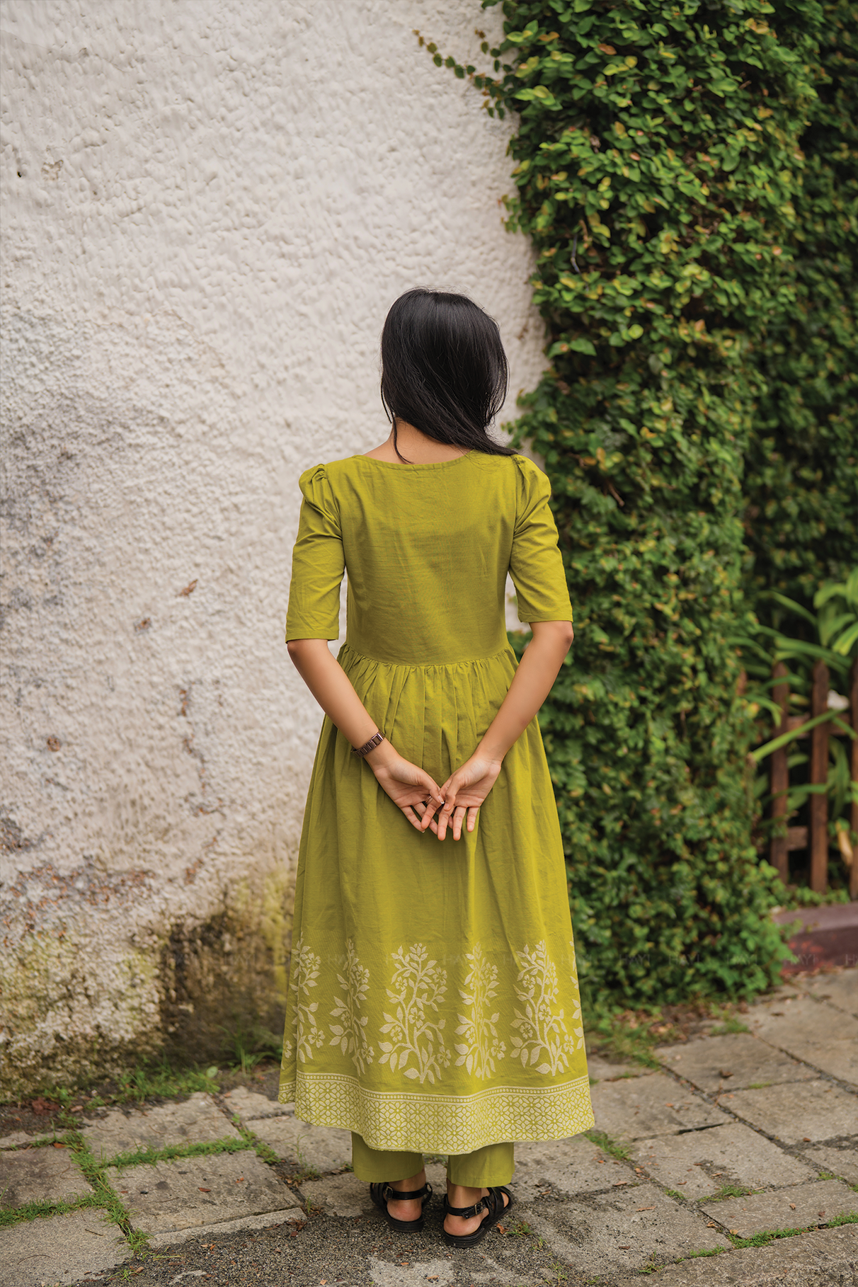 Sage Drape Green Handloom Dress with Sweetheart Neck &amp; Leg-O-Mutton Sleeves