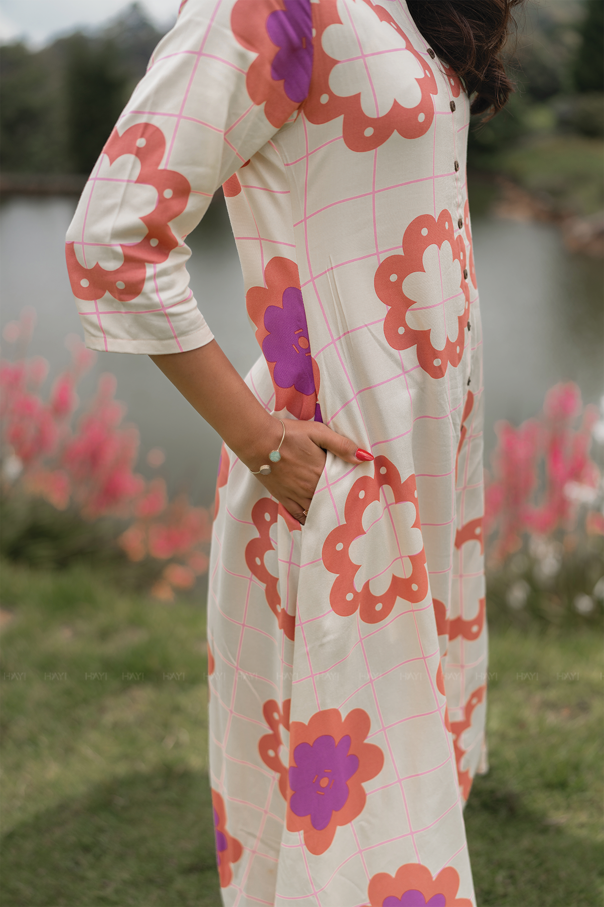 Floracheck Enchant Beige Viscose A-Line Kurta with Chinese Collar &amp; 3/4th Sleeves