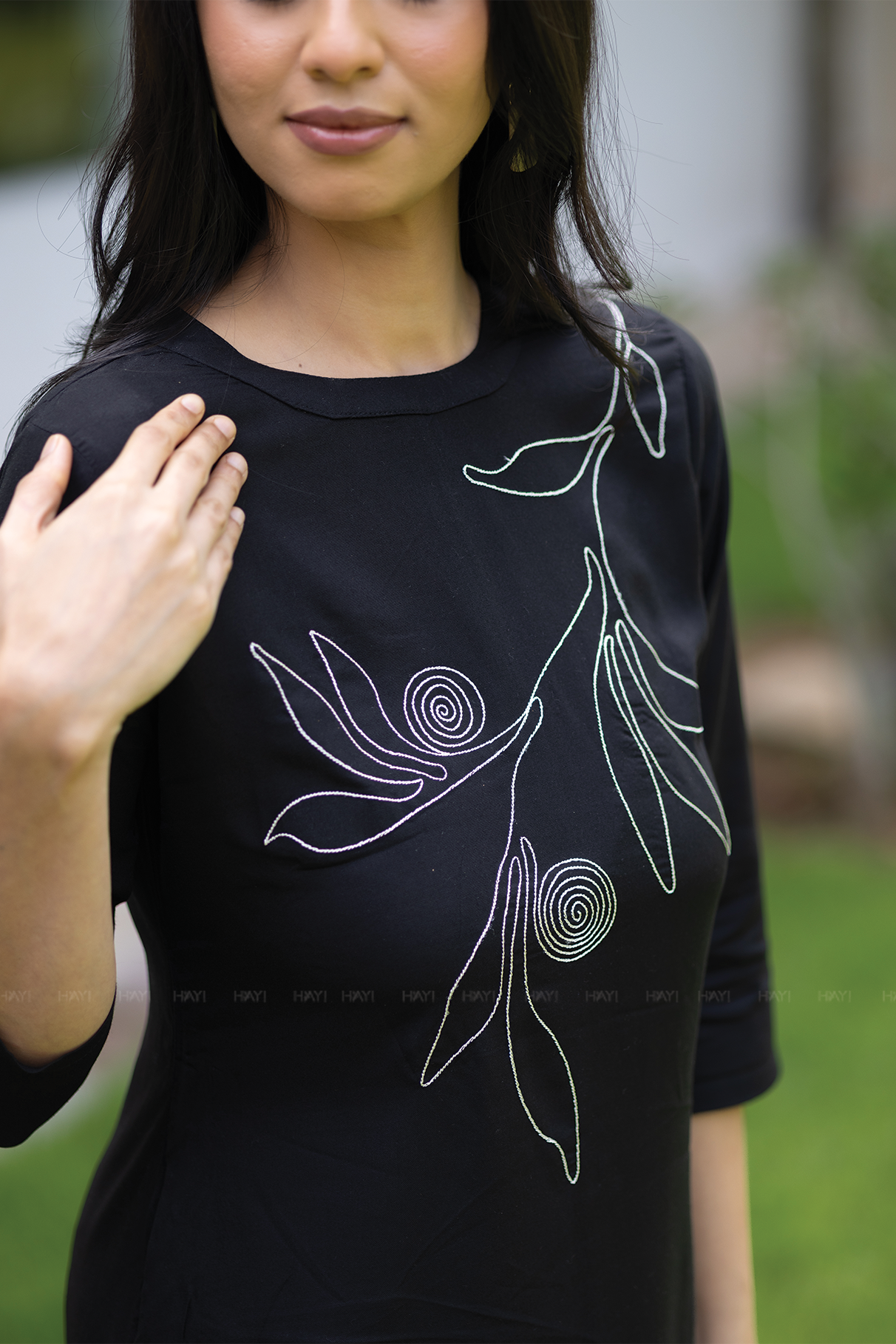 Dusk Noir Black Viscose Kurti with Closed Neck &amp; 3/4th Sleeves