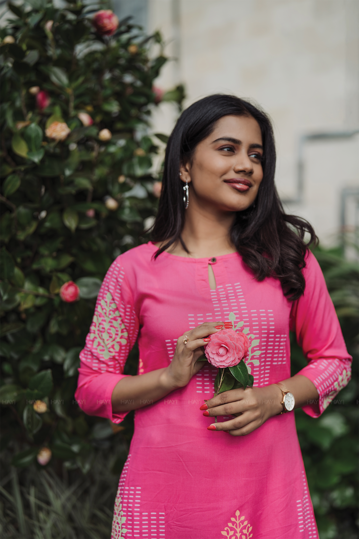 Fuchisa Charm Pink Viscose Co-ord with Boat Neck &amp; 3/4th Sleeves