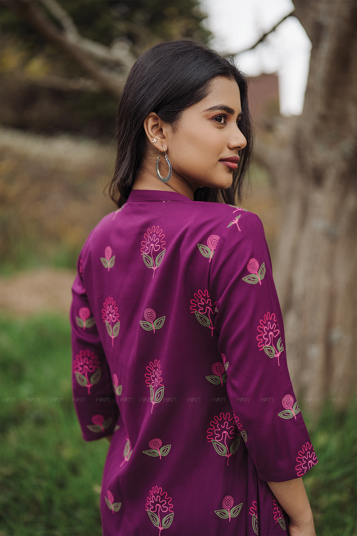 Twilight Flower Violet Viscose Co-ord with Chinese Collar &amp; 3/4th Sleeves