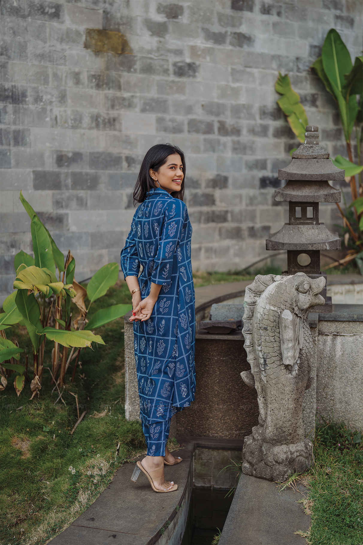 Monarch Shadow Blue Viscose Co-ord with Shirt Collar &amp; 3/4th Sleeves