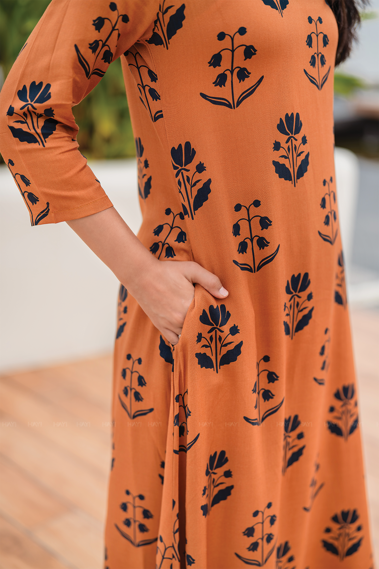 Muds Tone Orange Viscose Co-ord with Shirt Neckline &amp; 3/4th Sleeves