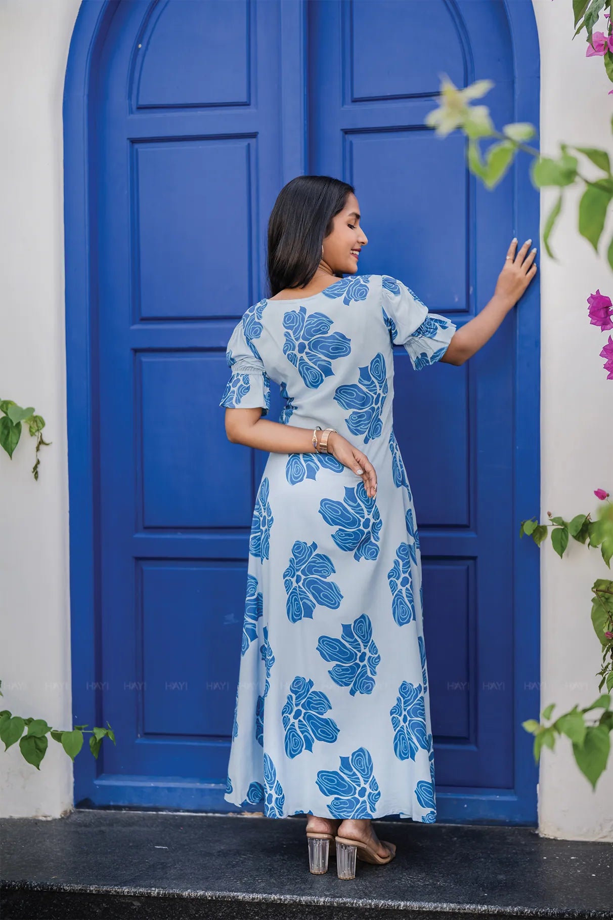 Cloud Tale Blue Viscose Dress with Sweetheart Neck &amp; Elasticated Frill Sleeves