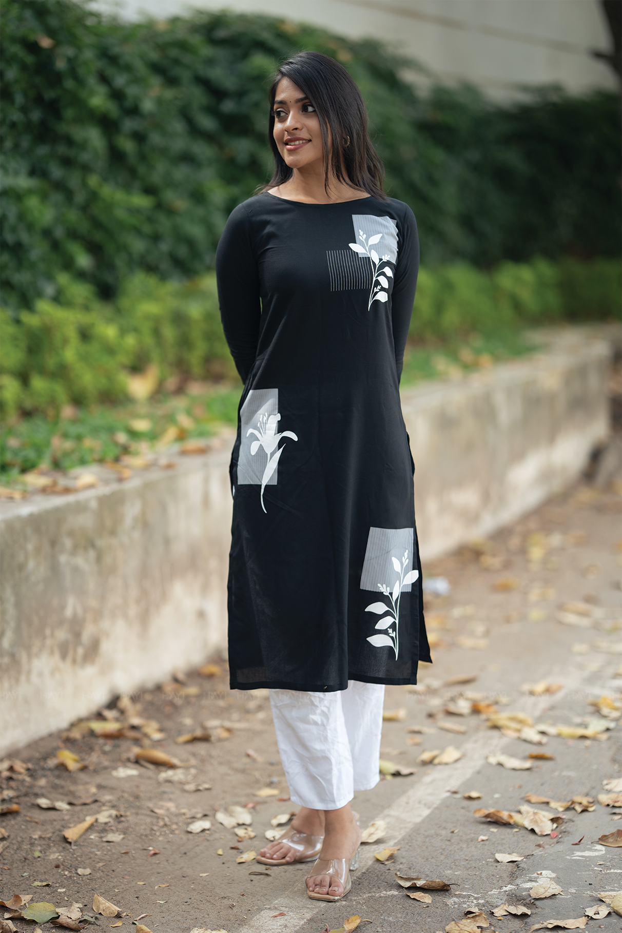 Obsidian Bloom Black Viscose Kurta with Boat Neck &amp; 3/4 Sleeves