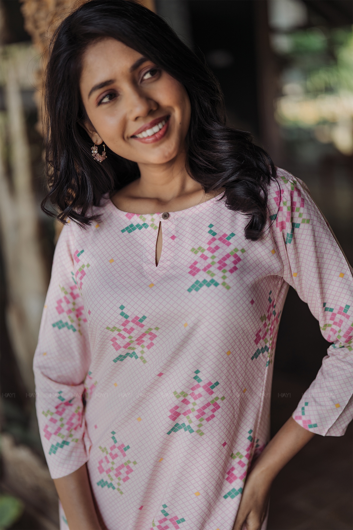 Petal Pixel Charm Pink Viscose Co-ord with Boat Neck &amp; 3/4th Sleeves