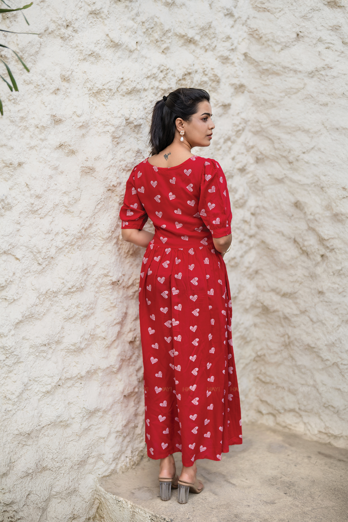 Heartspell Valentine Red Viscose Dress with Square Neck &amp; Puff Sleeves with Cuff