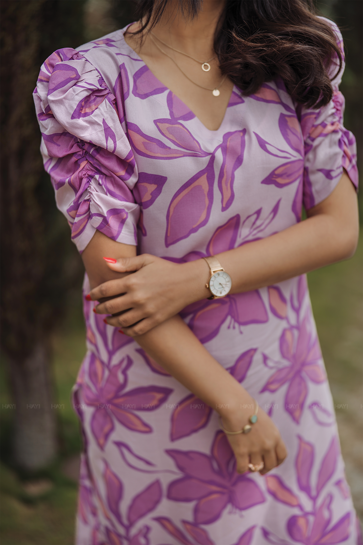 Meadow Grace Lavender Viscose Kurta with V-Neckline &amp; Ruched Sleeves