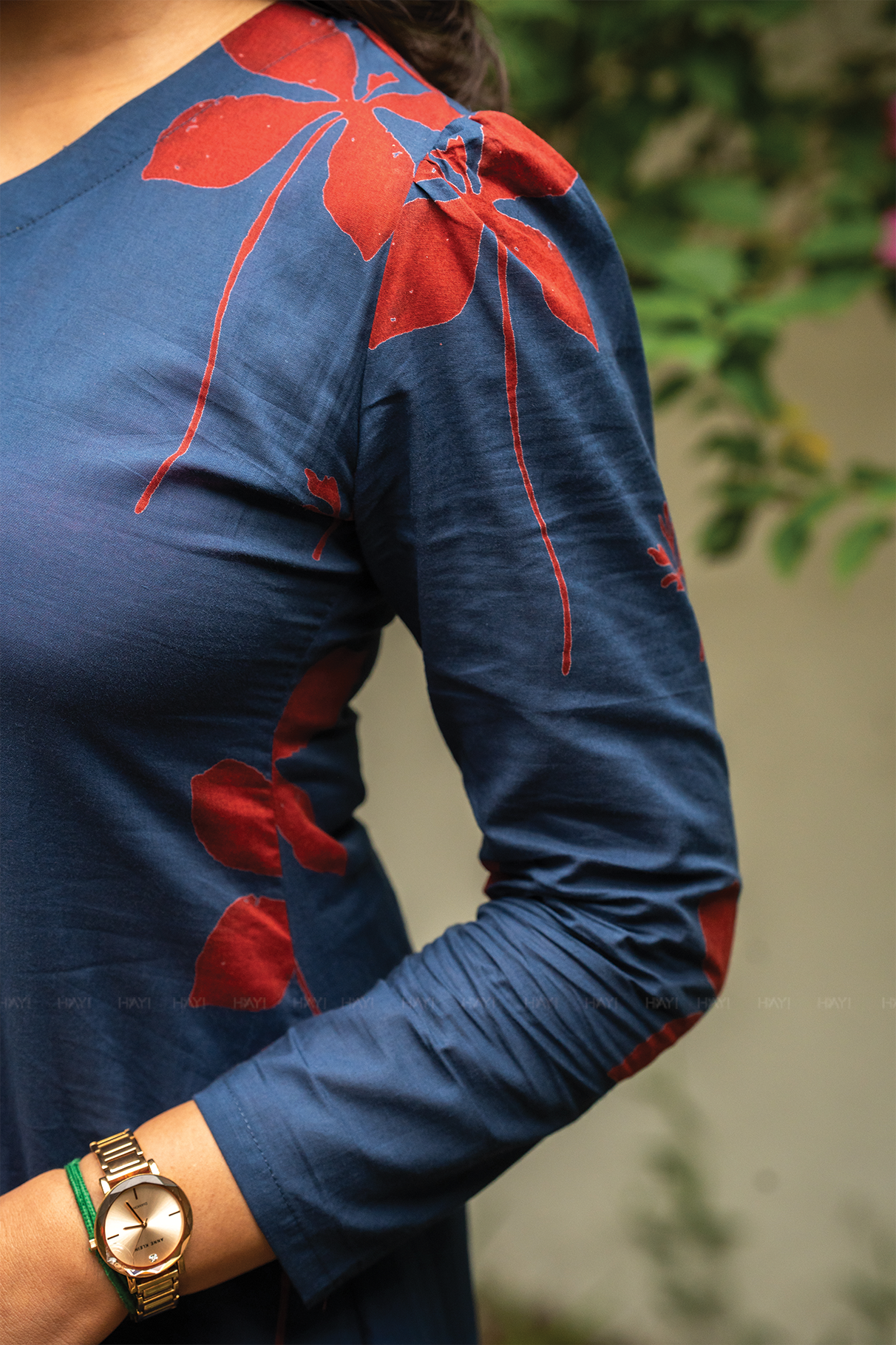 Dusky Wings Blue cotton blend Co-ord with V-Neck &amp; 3/4 Puff Sleeves