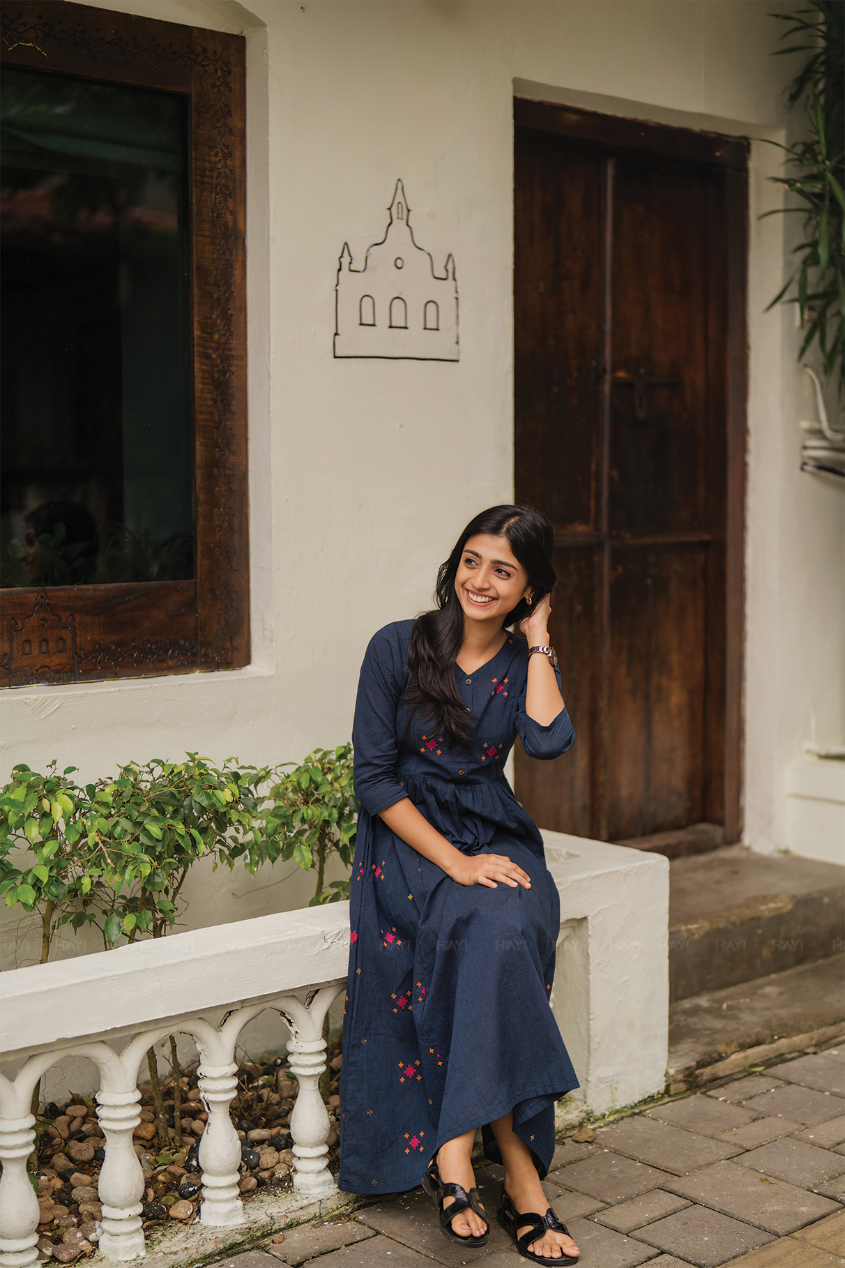 Smoke wood Gray Handloom Dress with V-Neck &amp; Elbow Sleeves