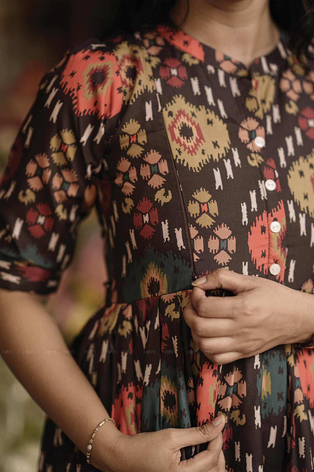 Browie Ikat Brown Printed Maternity and Feeding Maxi Dress
